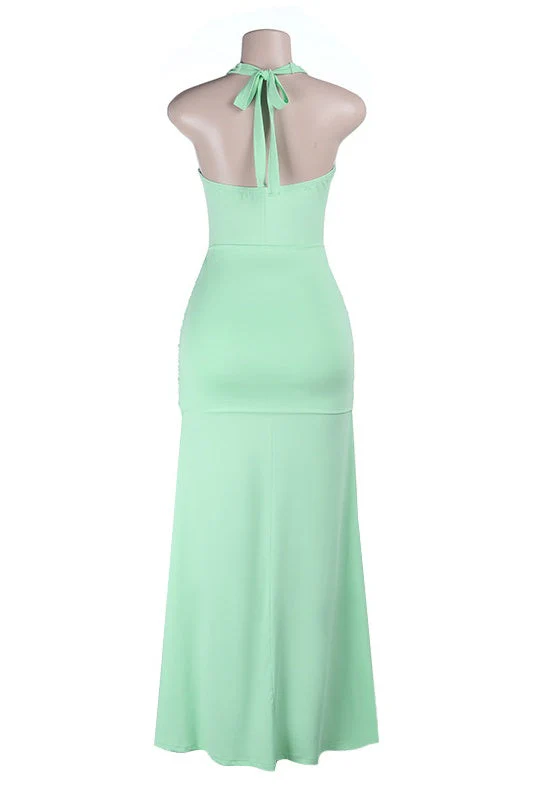 Mint Green Halter Ruched Long Dress