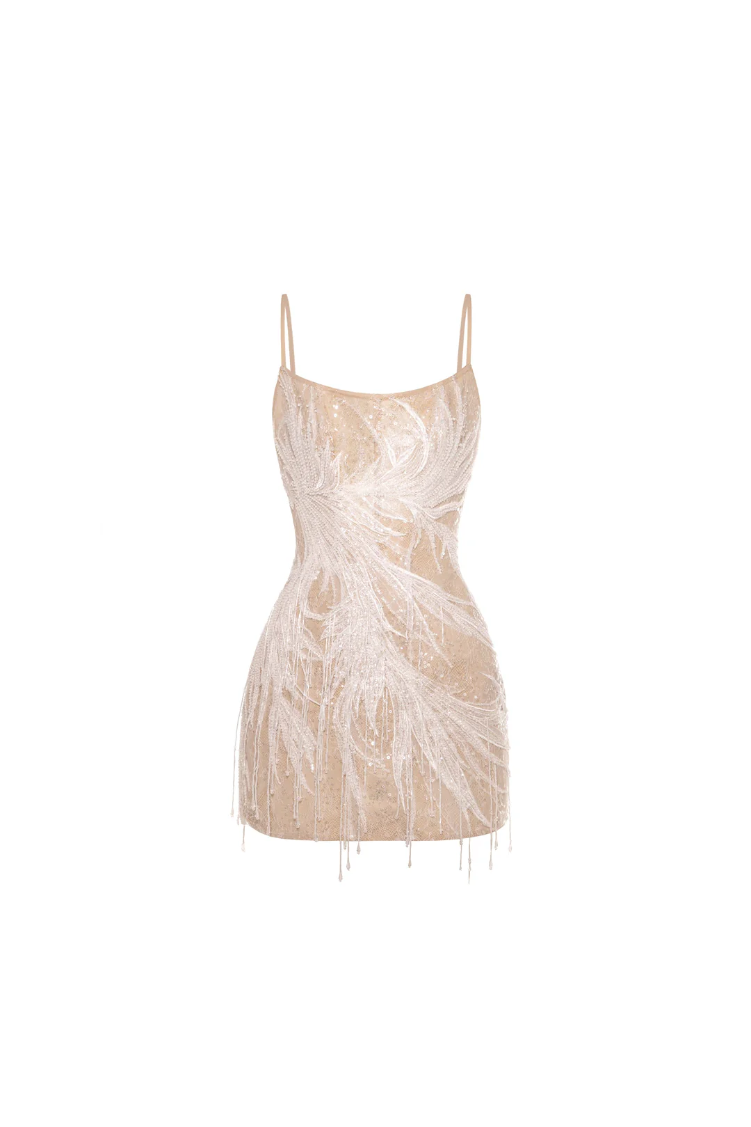 Beige Lace Corset Mini Dress Embellished With Sequins And Fringes
