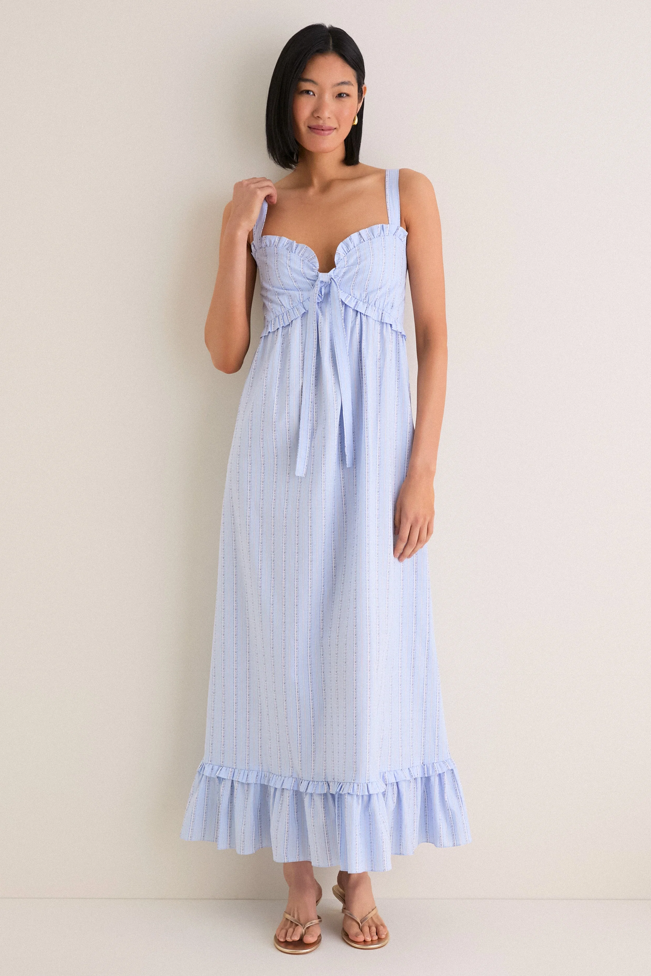 Sky Blue Striped Ruffle Maxi Dress