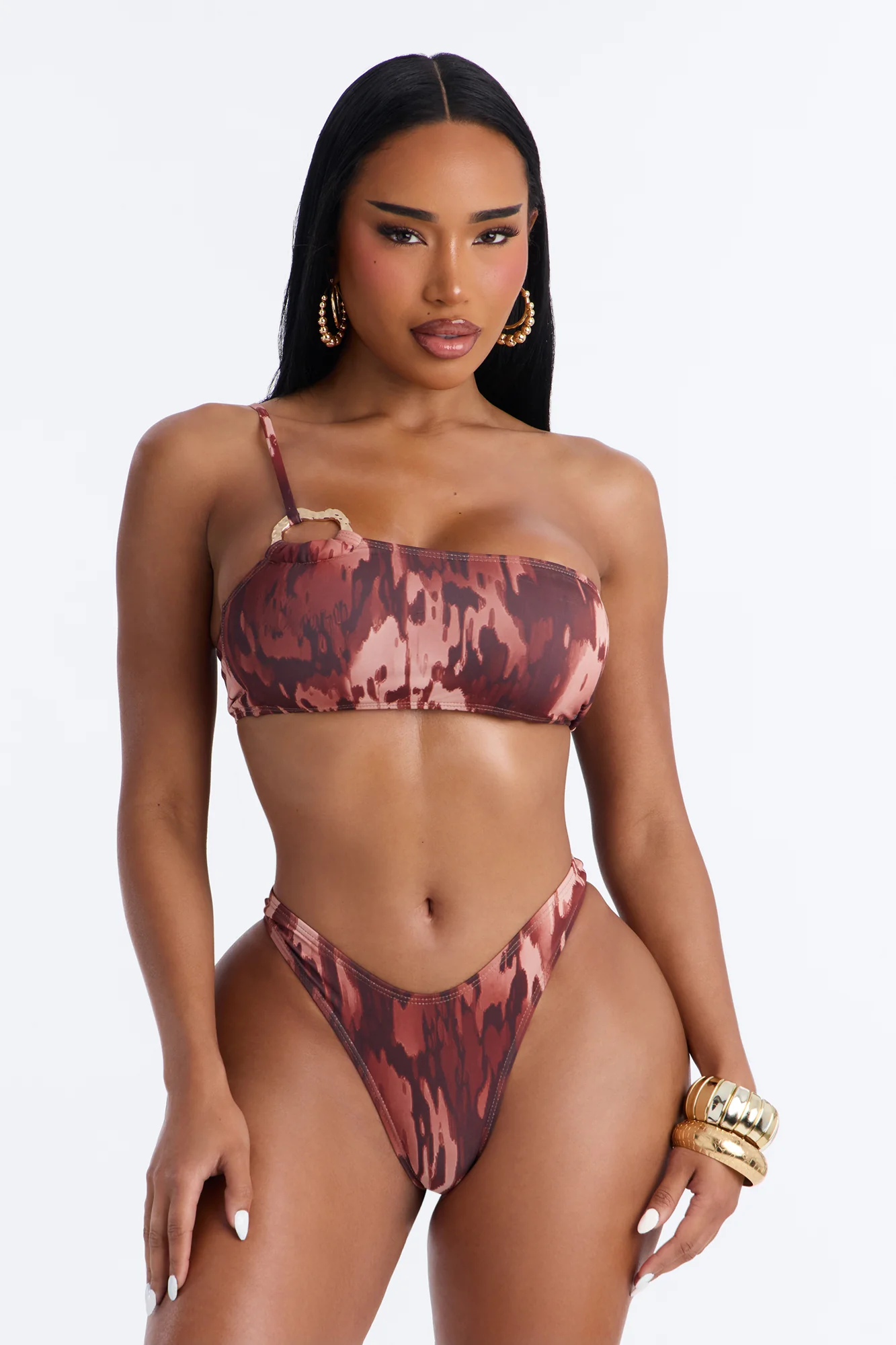 Sea Level Abstract 2 Piece One Shoulder Bikini Set - Brown/combo