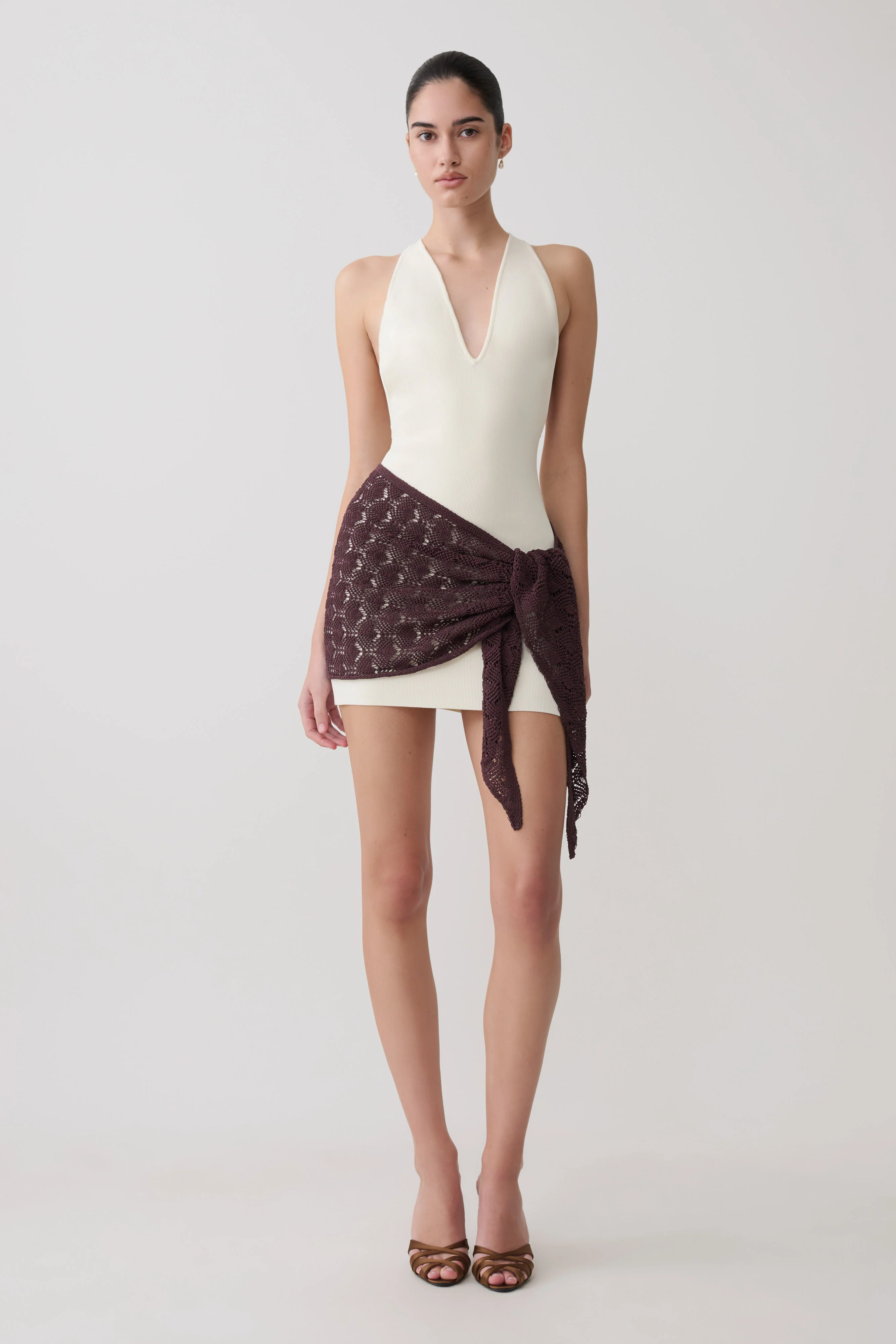Mollie Mini Dress With Crochet Overlay - White/Chocolate