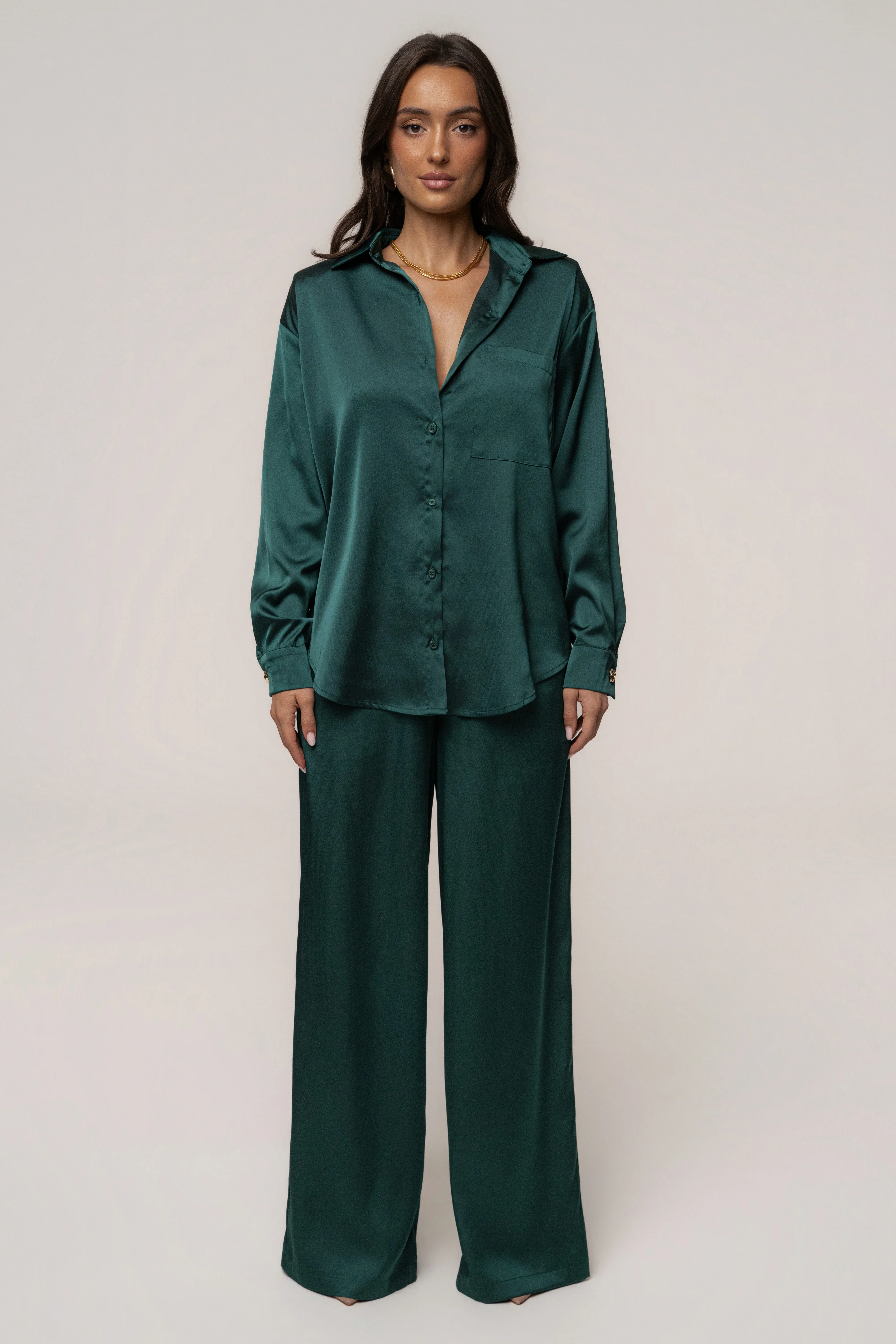 Emerald Island Ease Collared Satin Top