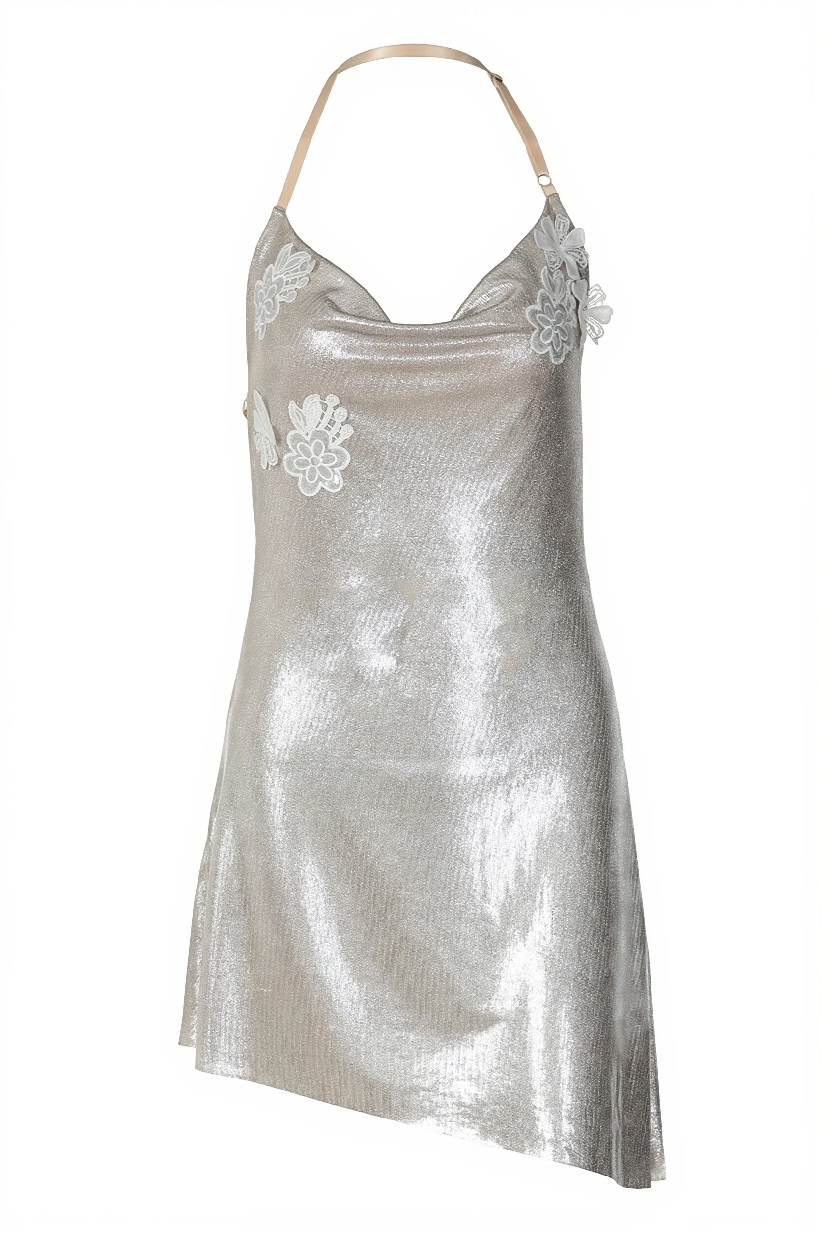 Halter Cowl Cutout Back Gold Print Mini Dress