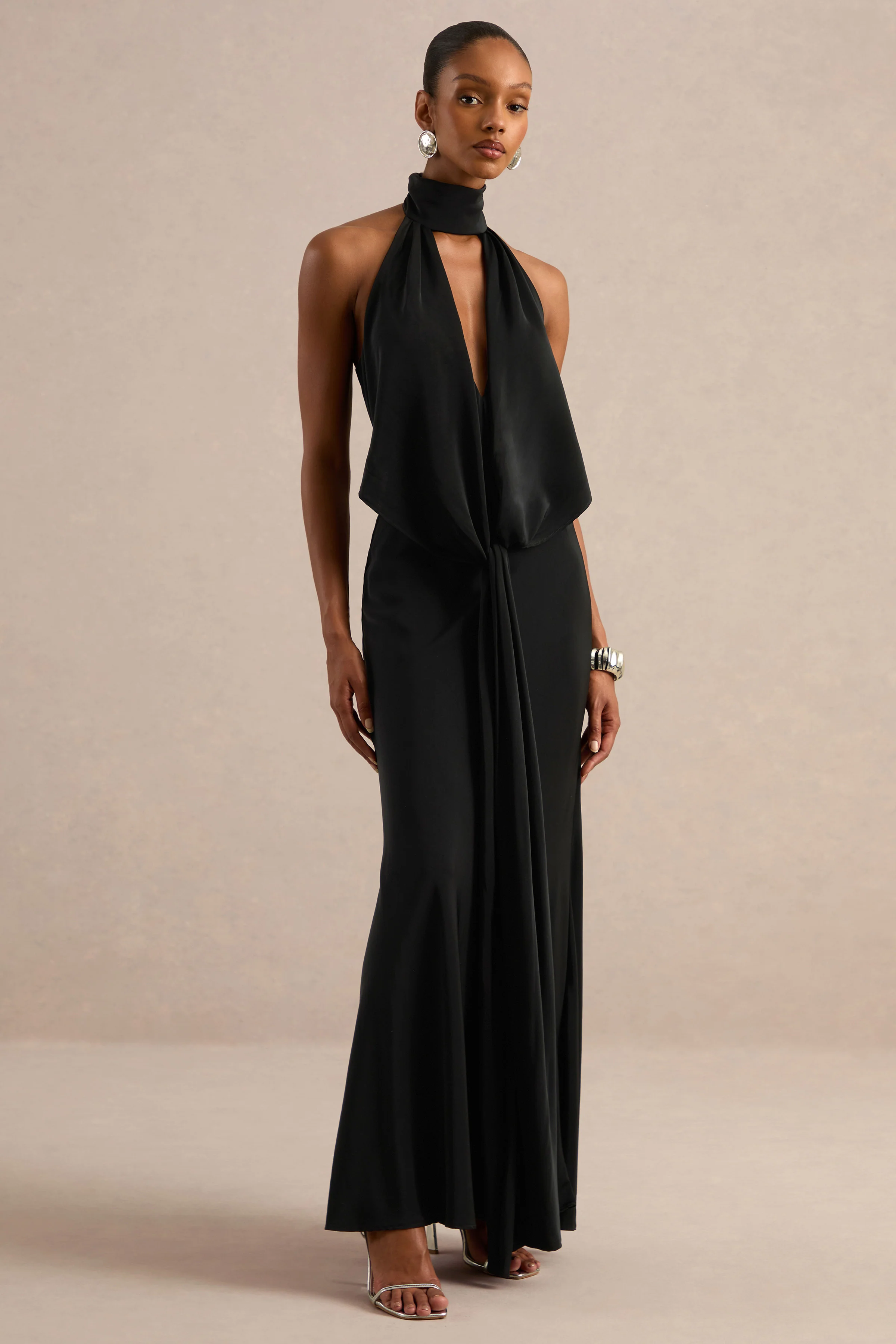 Canella | Black Satin Halter-Neck Maxi Dress With Sash-Detail