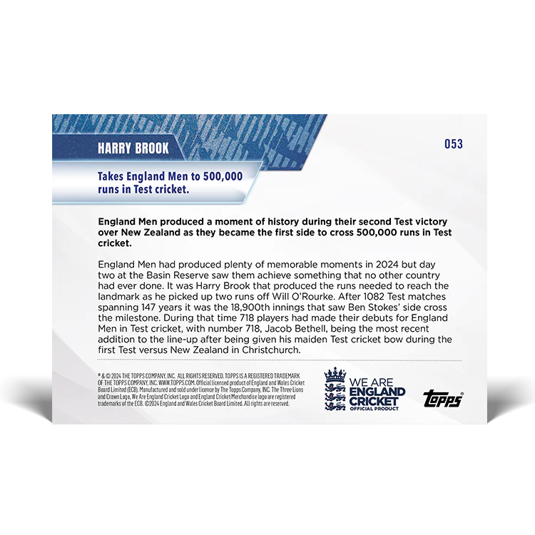 Harry Brook - Takes England Men to 500,000 runs in Test cricket. - 23/24 ECB Topps NOW® Card 53