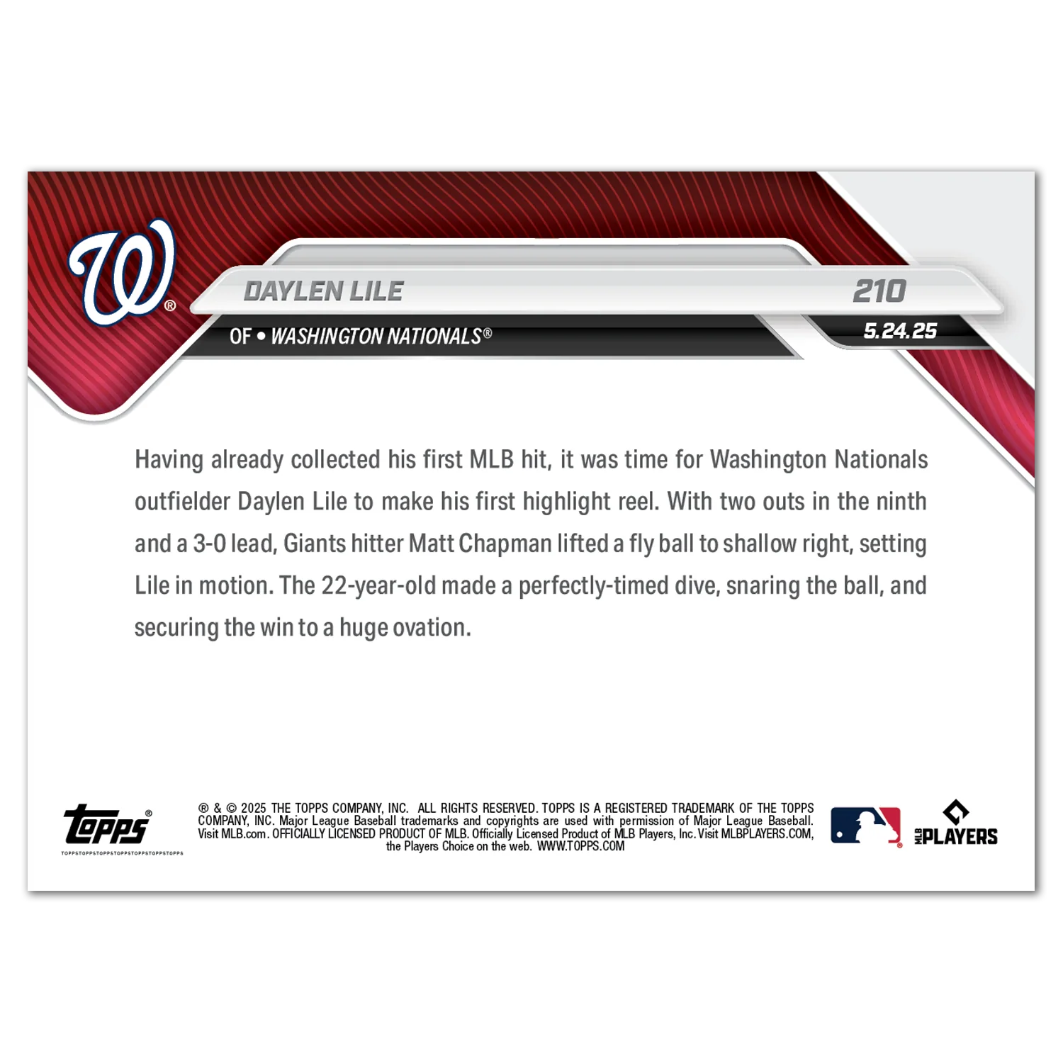Daylen Lile - 2025 MLB Topps NOW® - Card 210