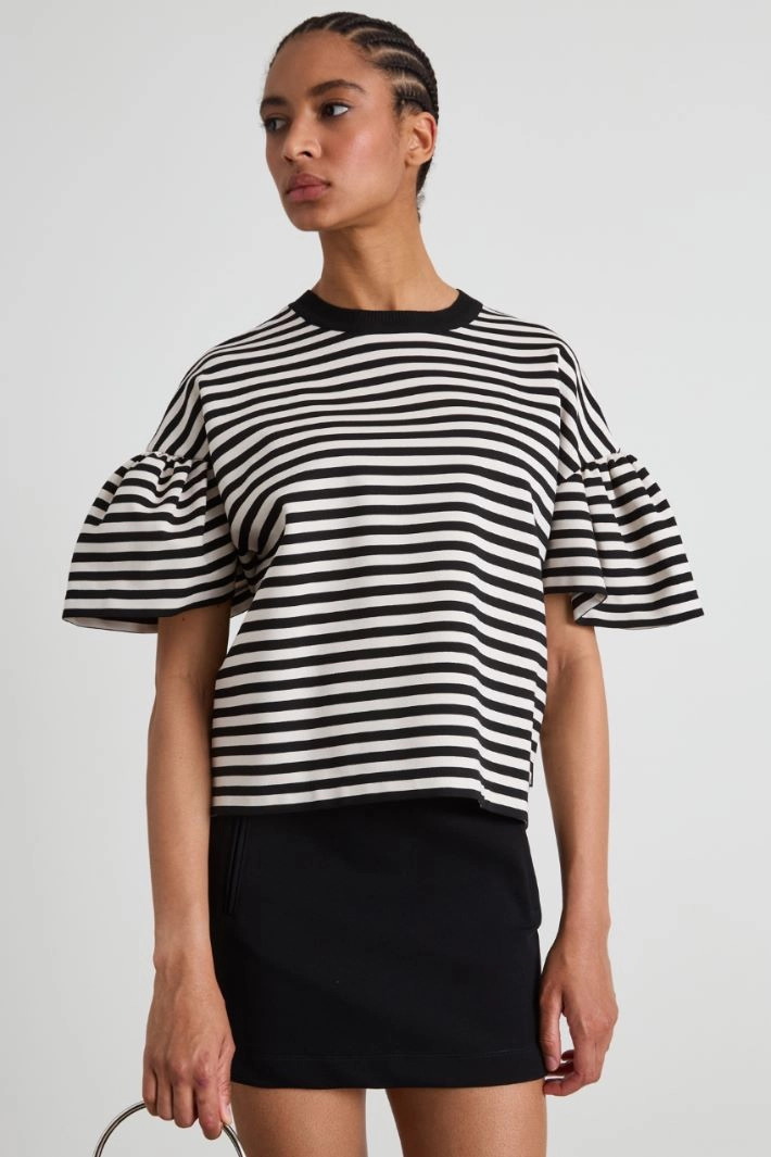 Flounced sleeve T-shirt - BLACK WHITE