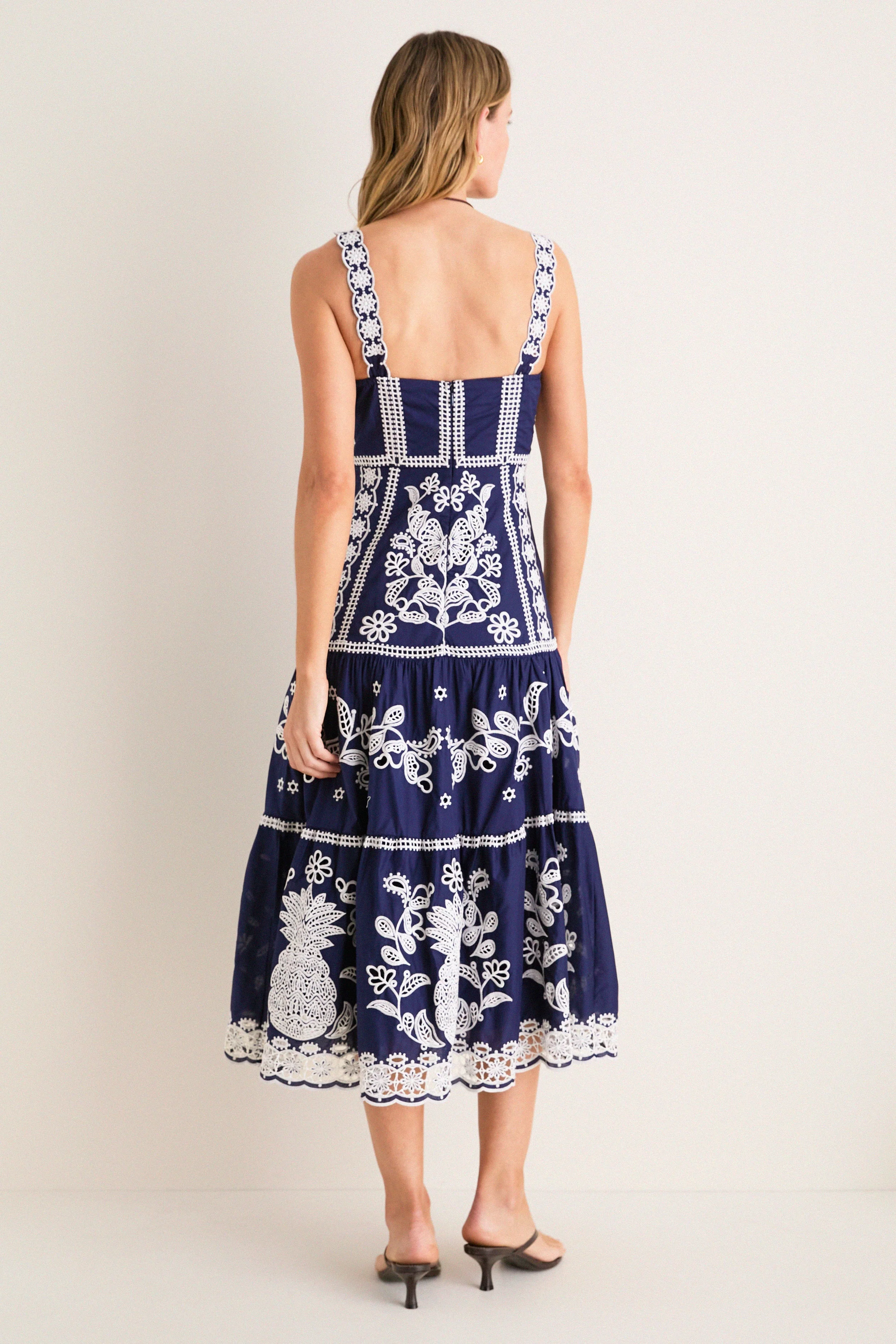 Blue and White Richilieu Midi Dress
