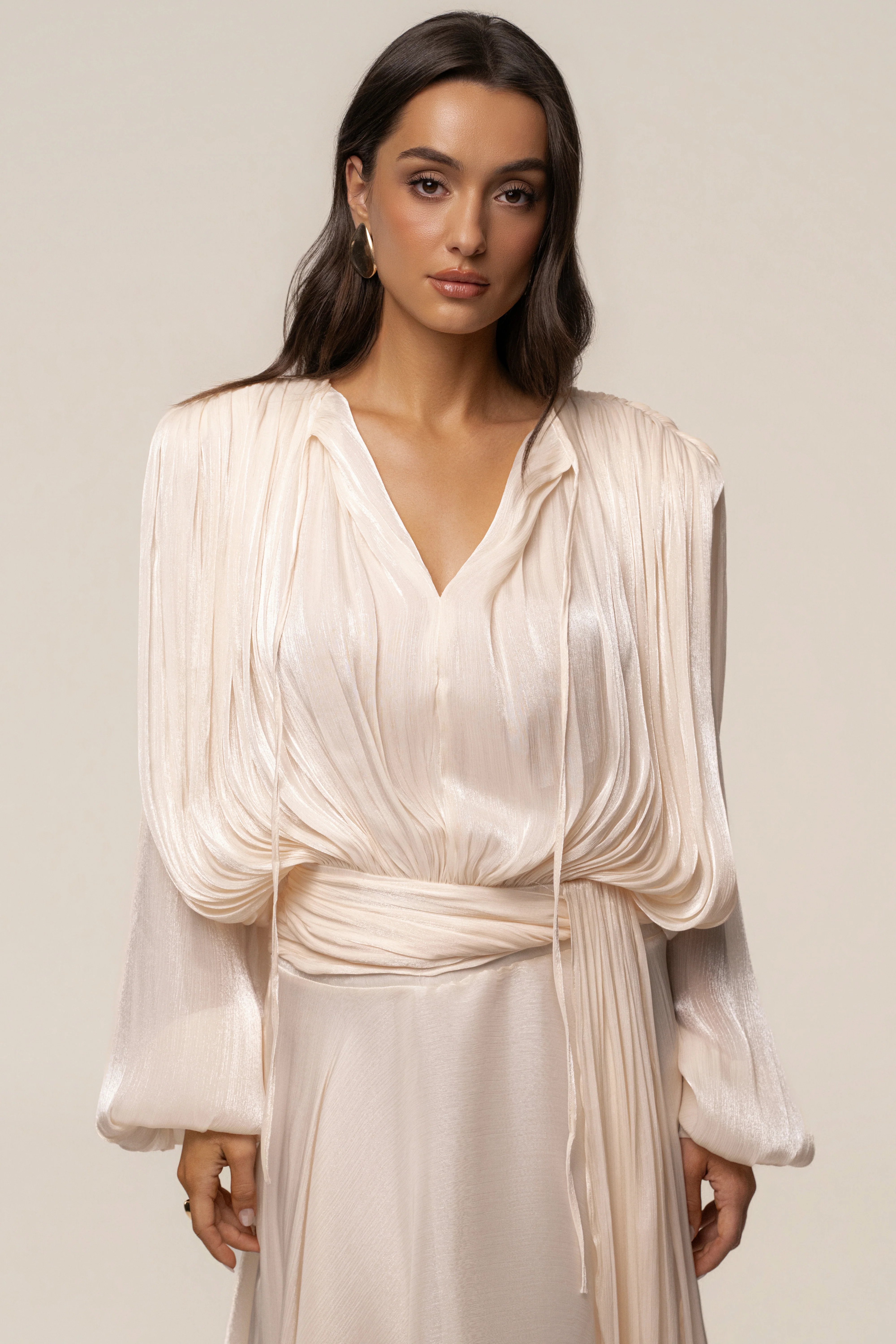 Cream Draped In Elegance Maxi Dress