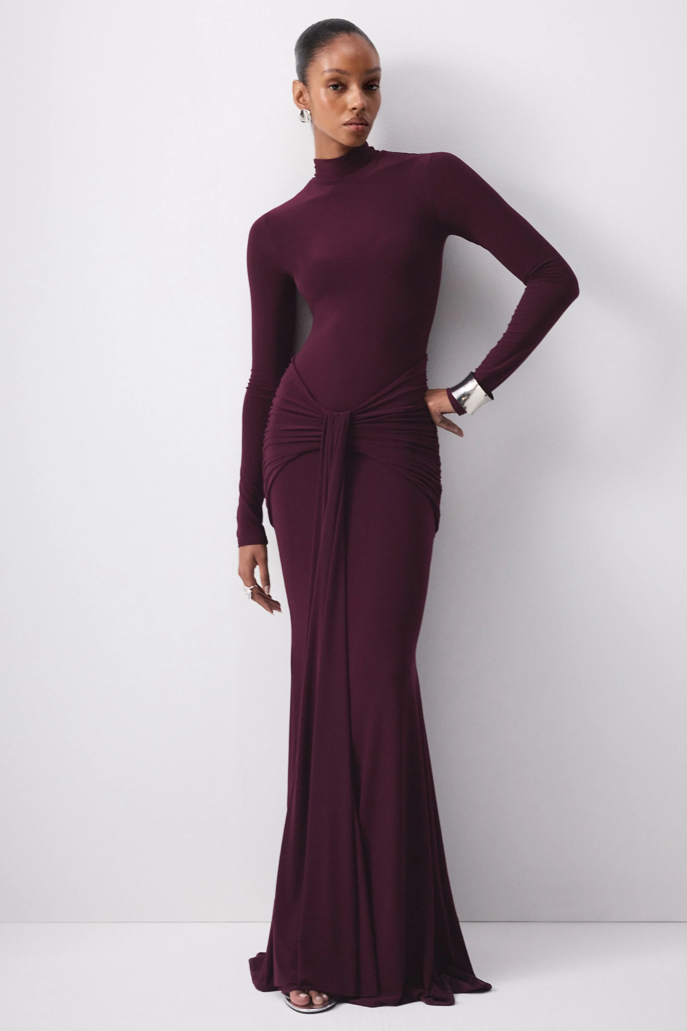 Seraphita | Purple Jersey High Neck Long Sleeve Maxi Dress With Gathered Detailing And Sash