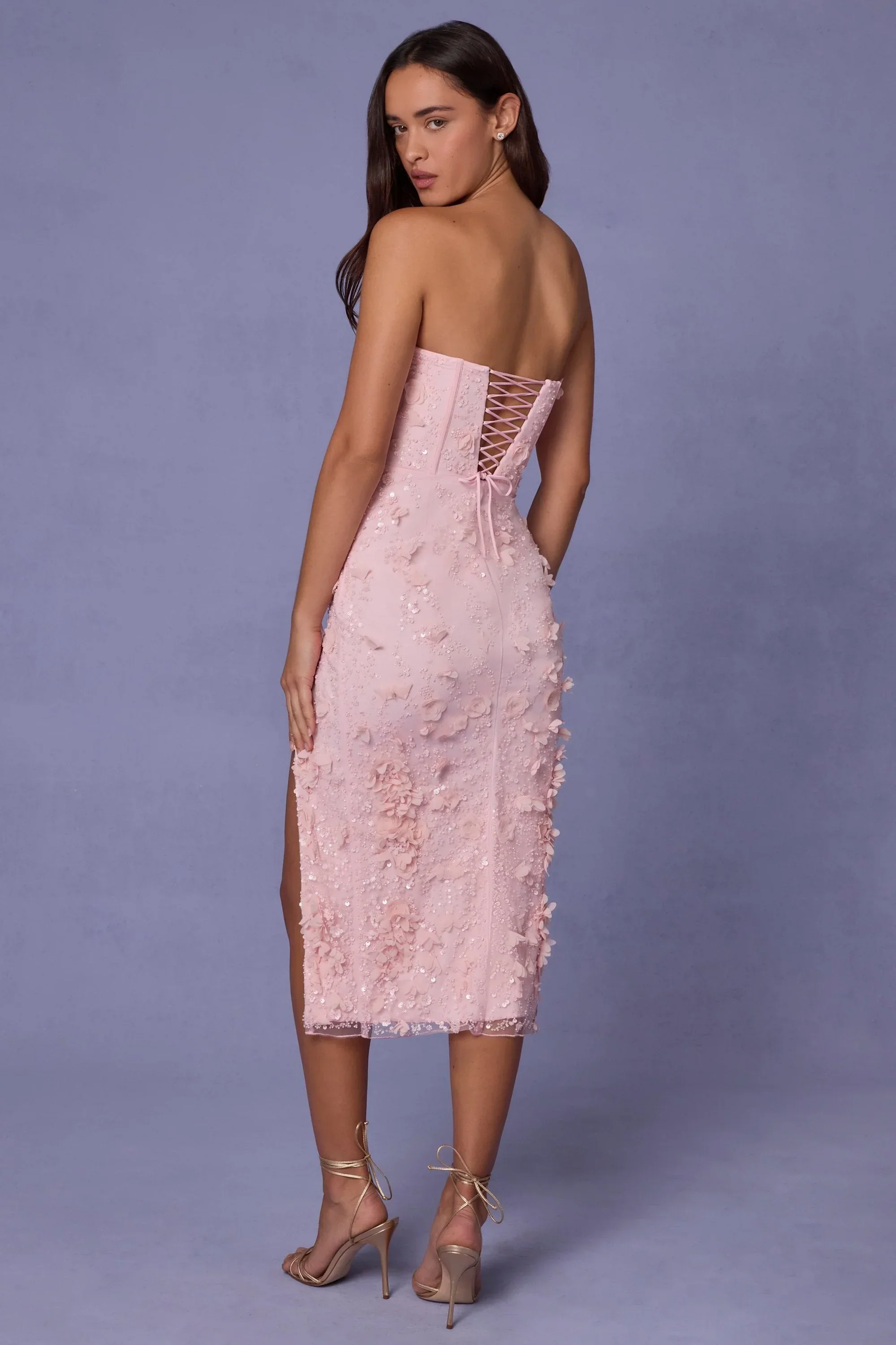 Lace-Up Corset Midaxi Dress with Split in Soft Pink
