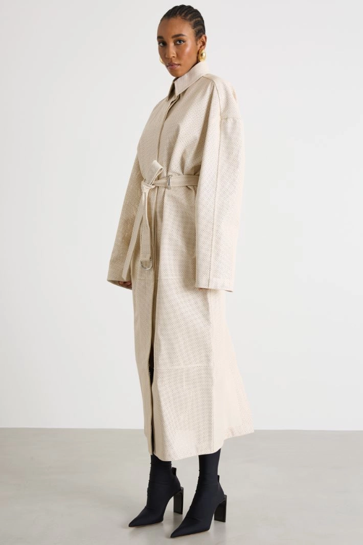 Long perforated nappa leather trench coat - WHITE