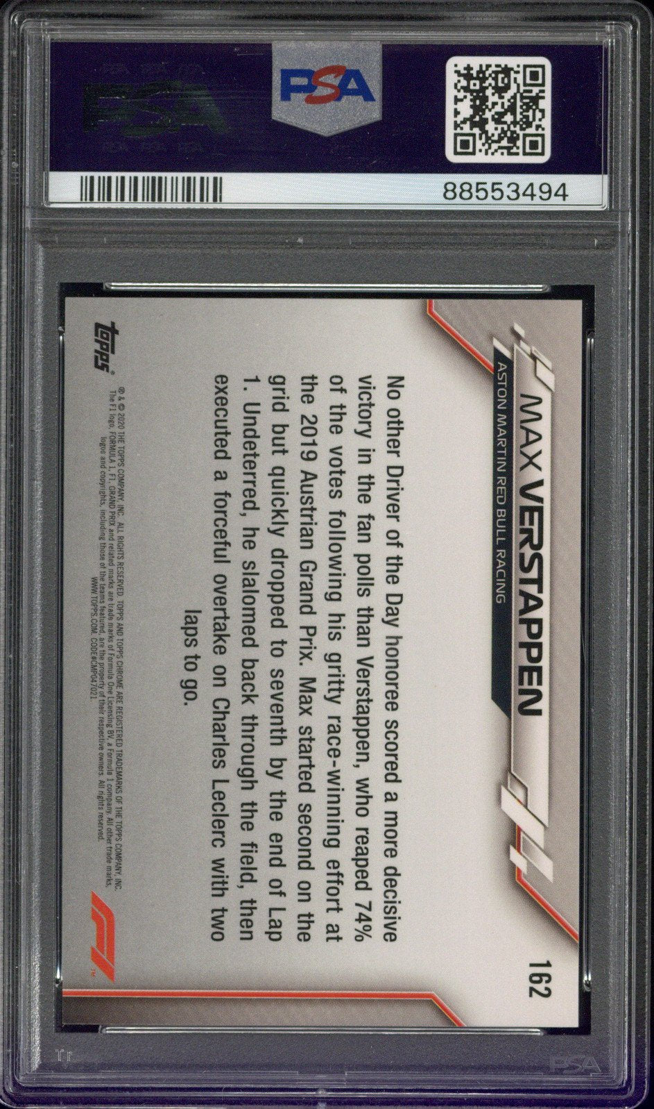 2020 TOPPS CHROME MAX VERSTAPPEN F1 SAPPHIRE EDITION #162 PSA 10