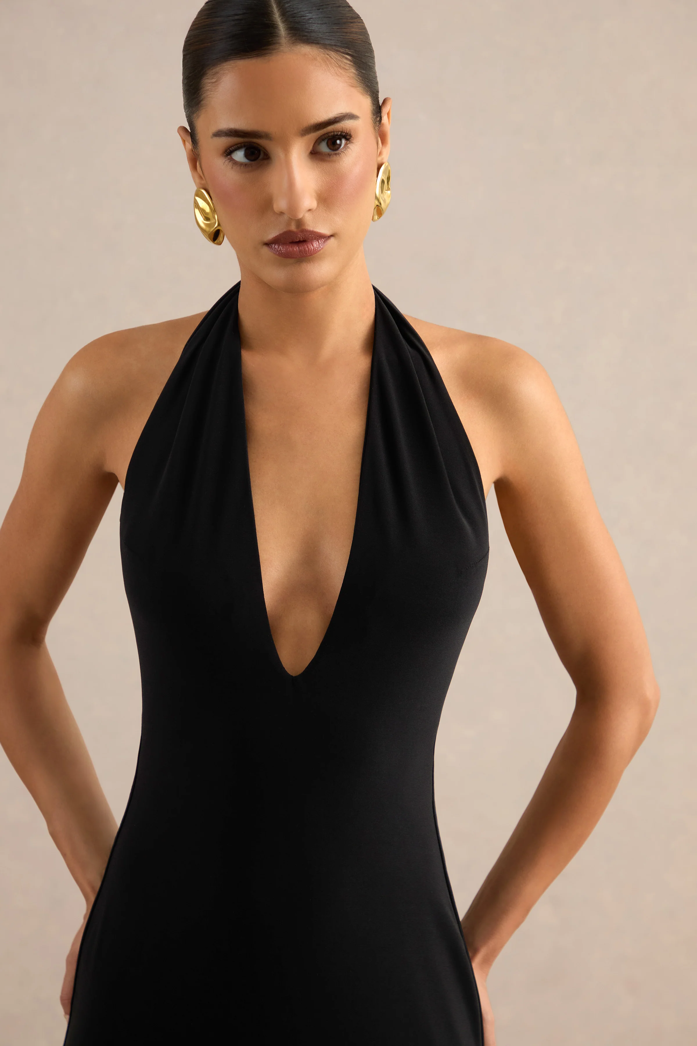 Maristela | Black Jersey Ruched Plunge Maxi Dress With Open Back And Detachable Sleeves
