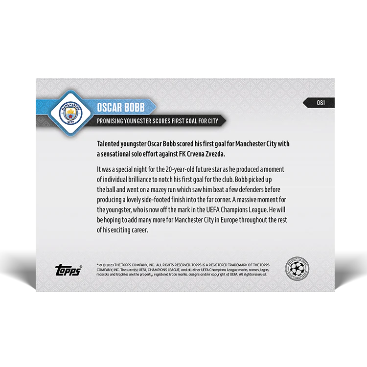 Topps UK - Oscar Bobb - Promising youngster scores first goal for City - UCL TOPPS NOW® Card #81