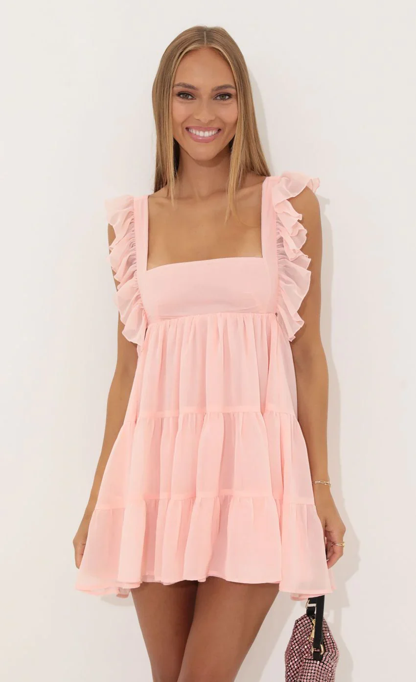 Chiffon Baby Doll Ruffle Dress in Pink