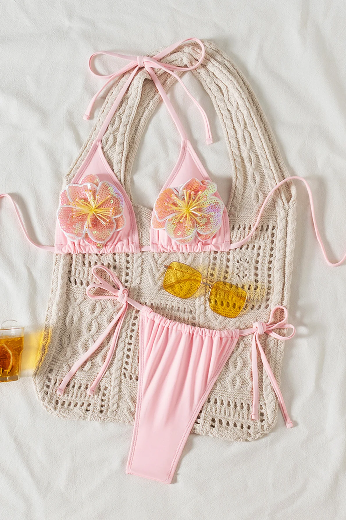 Pink Nylon Two Piece Bikini Set