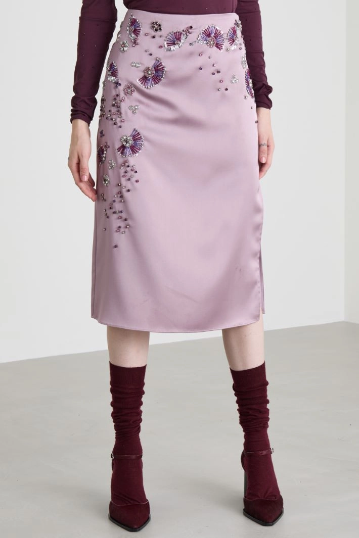 Satin skirt with rhinestone embroidery - LILAC