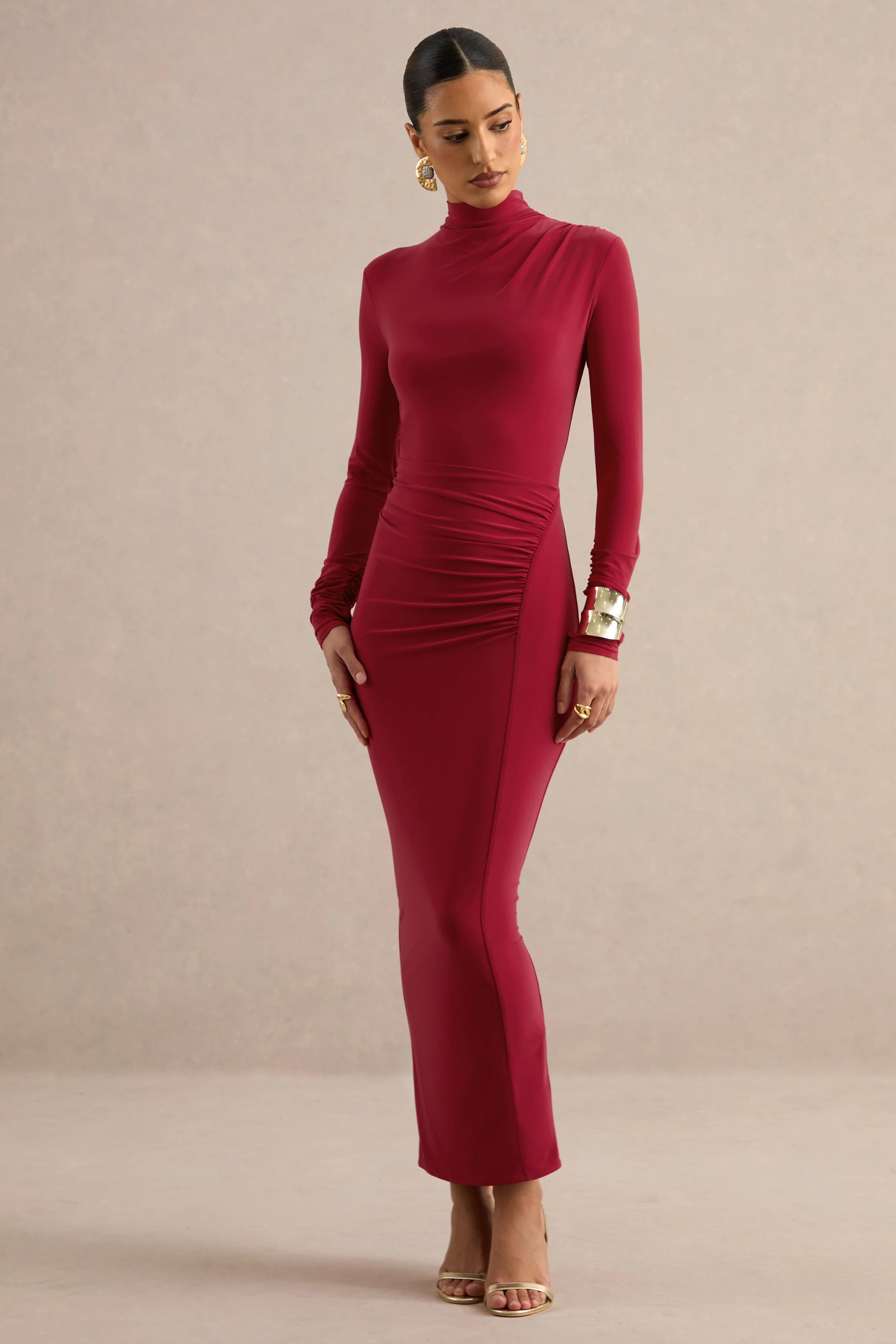 Erienne | Red Jersey High Neck Long Sleeve Maxi Dress With Gathered Detailing And Back Split