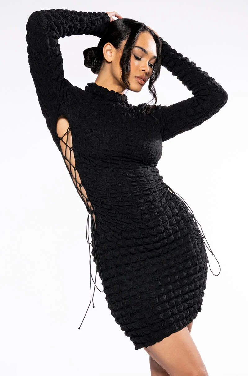 Sultry Long Sleeve Mock Neck Cut Out Mini Dress