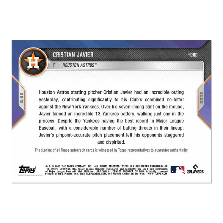 On-Card Auto # to 10 - Cristian Javier - 2022 MLB TOPPS NOW® Card 408D