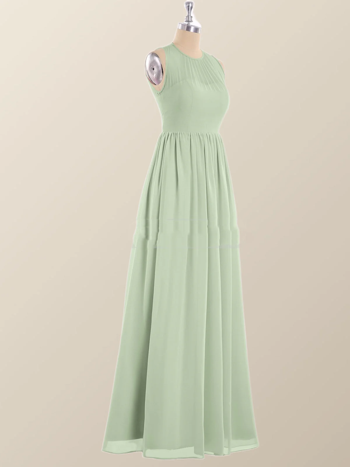 Jewel Neck Sage Green Chiffon Long Bridesmaid Dress