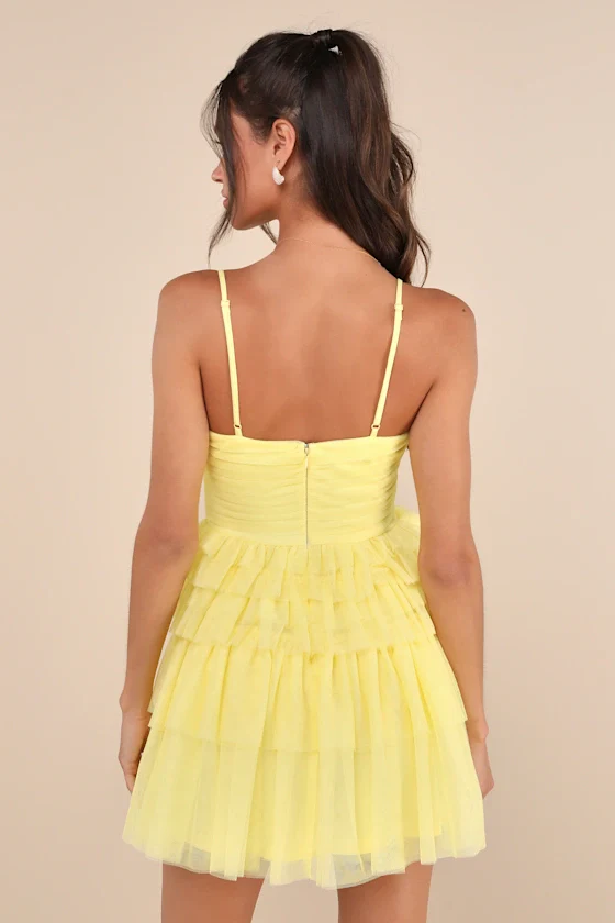 Special Poise Yellow Tulle Pleated Sleeveless Tiered Mini Dress