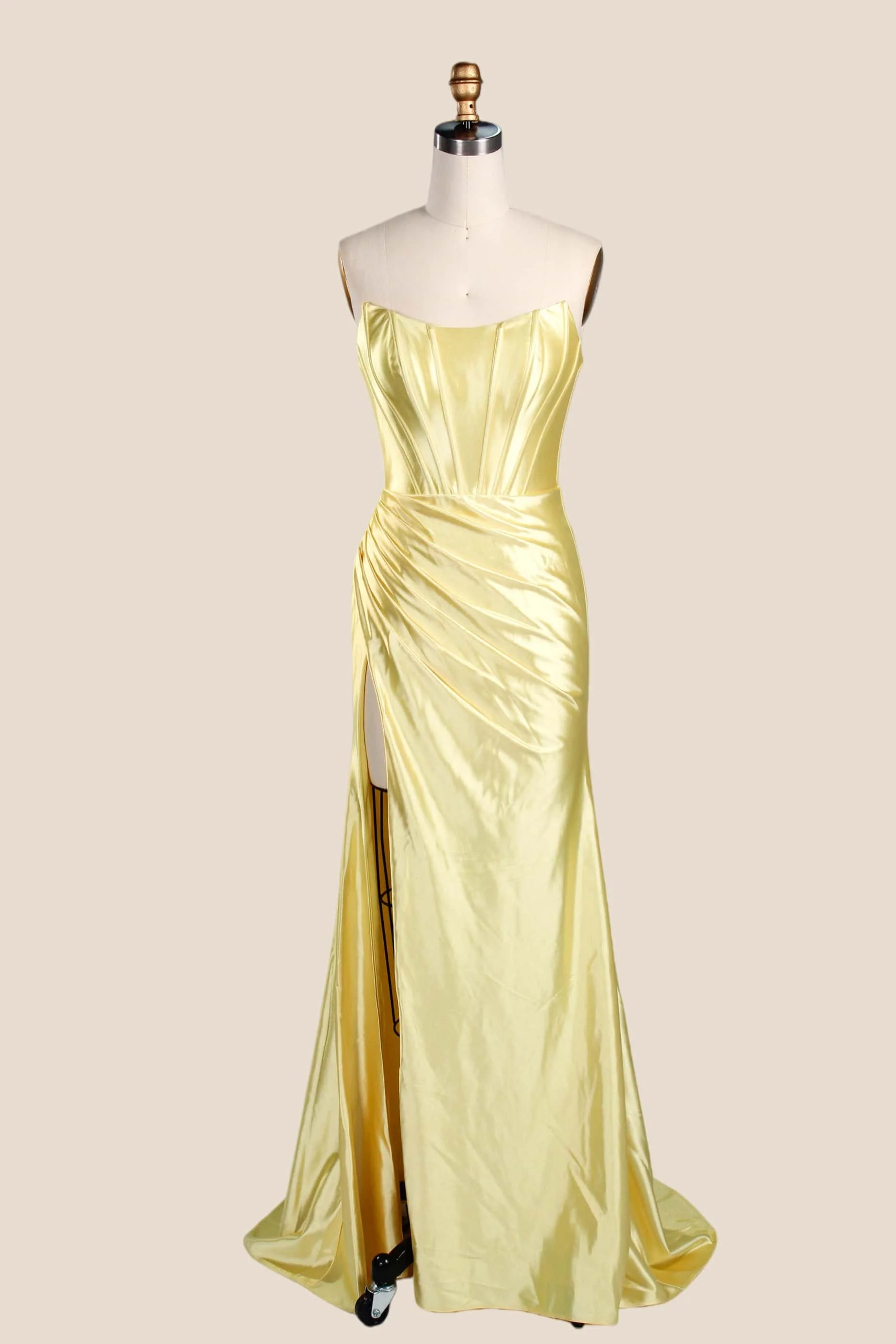 Sage Green Satin Ruched Strapless Long Formal Dress
