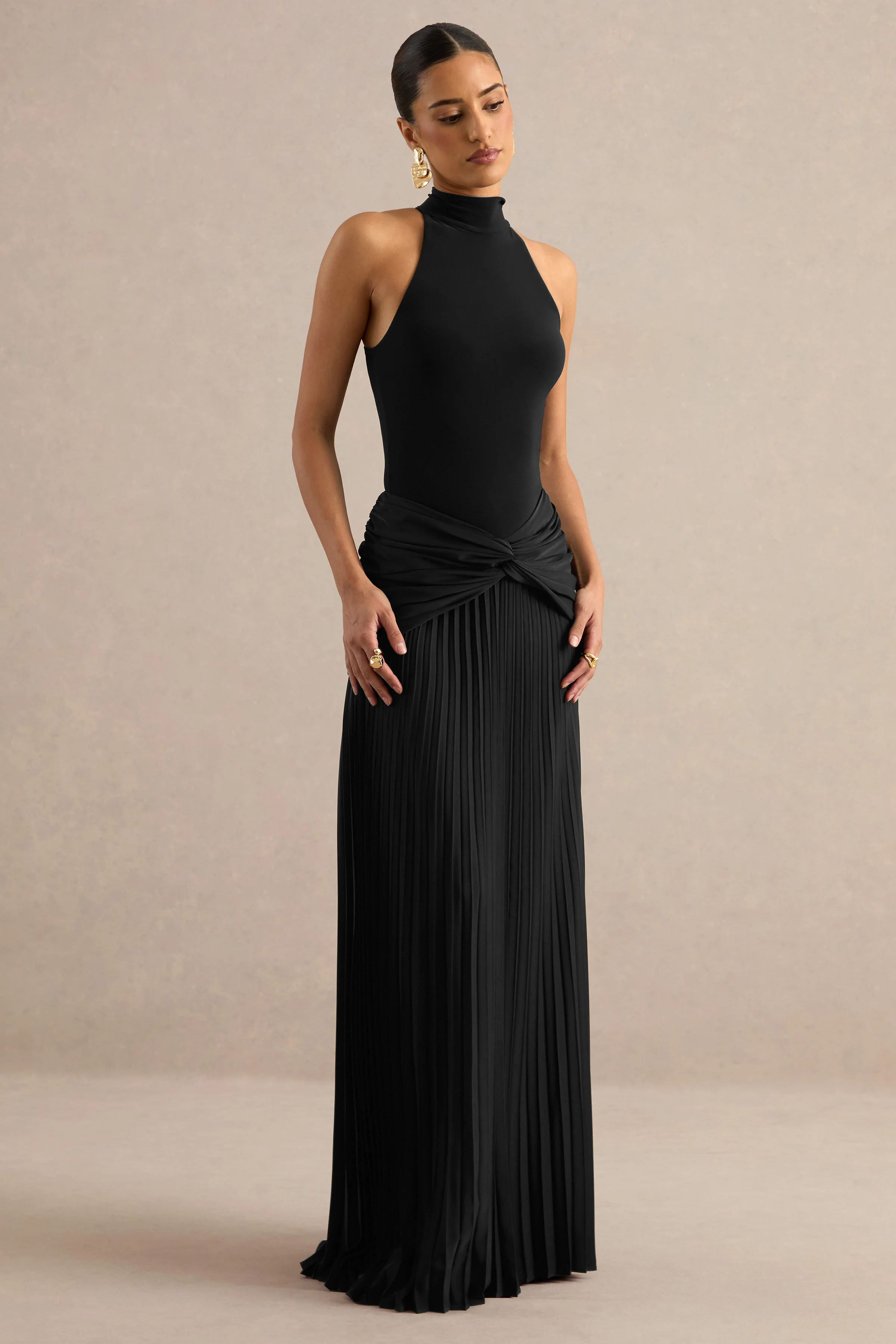 Galisse | Black Satin Mid Rise Pleated Maxi Skirt With Twist And Gathered Detailing
