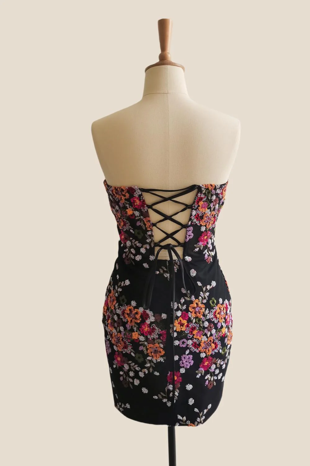Strapless Black Floral Sequin Tight Short Party Dress