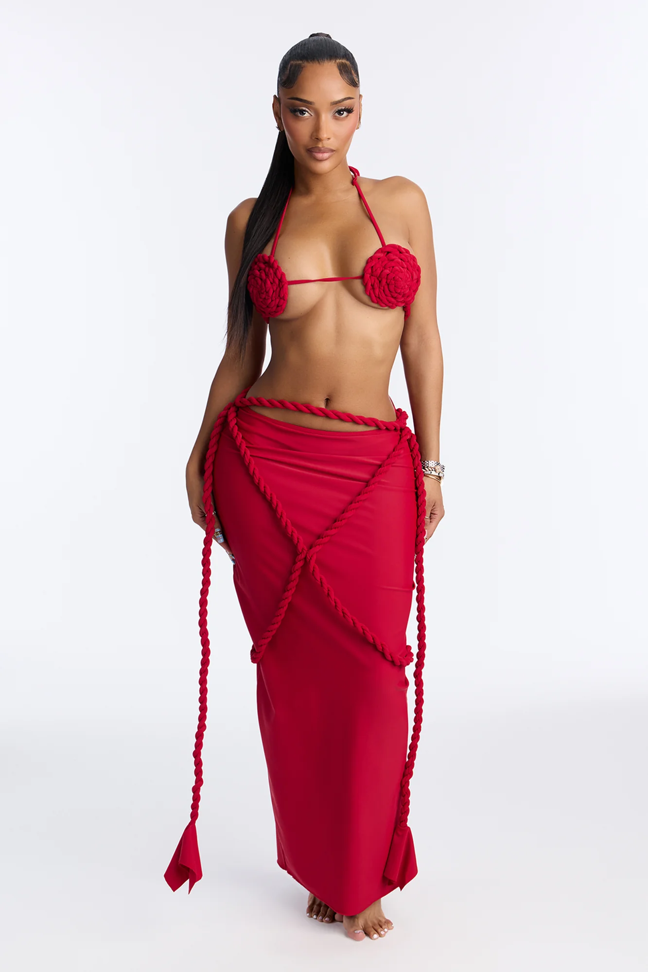 Leo Summer Rope 3 Piece Bikini & Maxi Skirt Set - Red