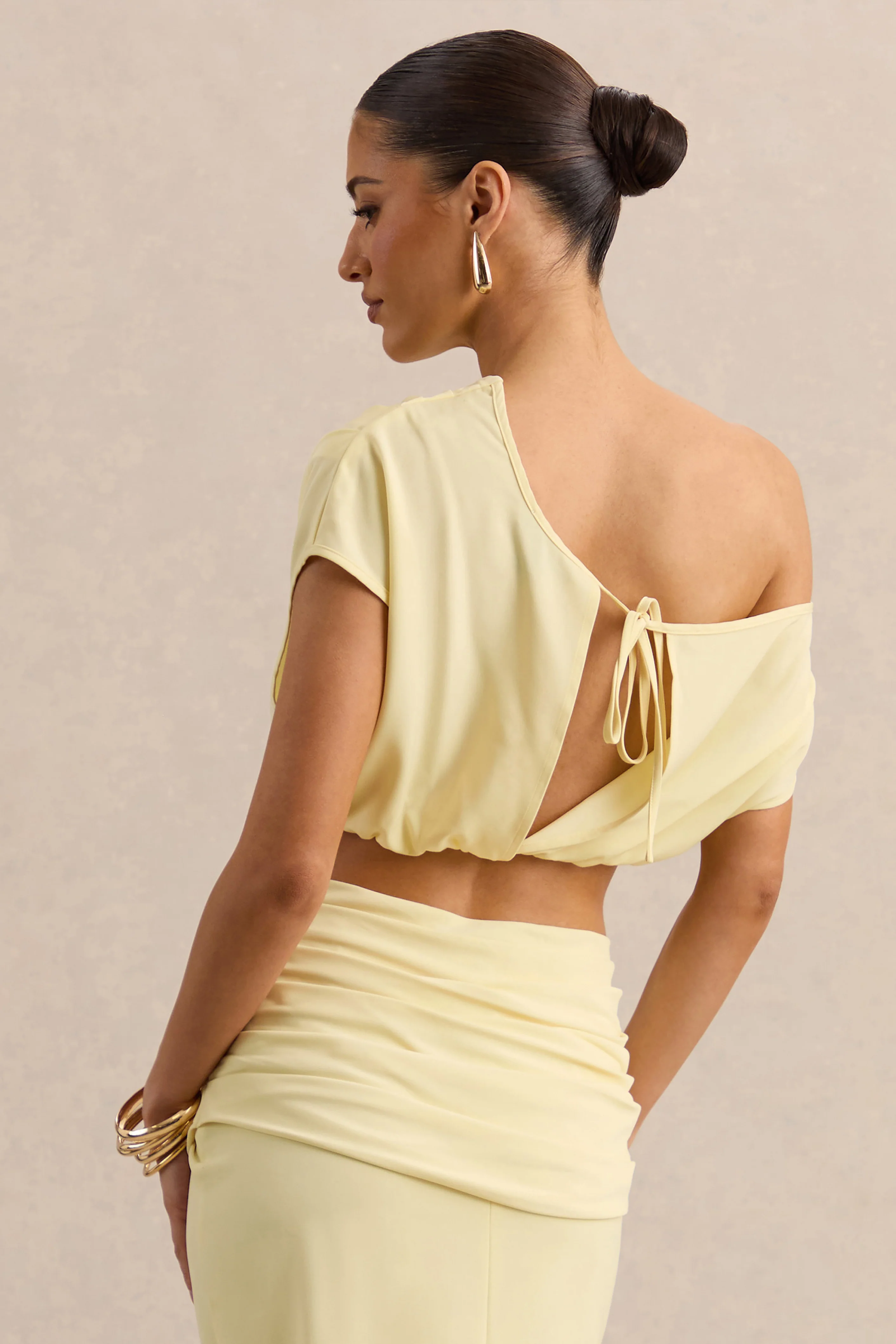 Yaselle | Lemon Satin One Shoulder Short Sleeve Top With Draped Detailing And Tie Back