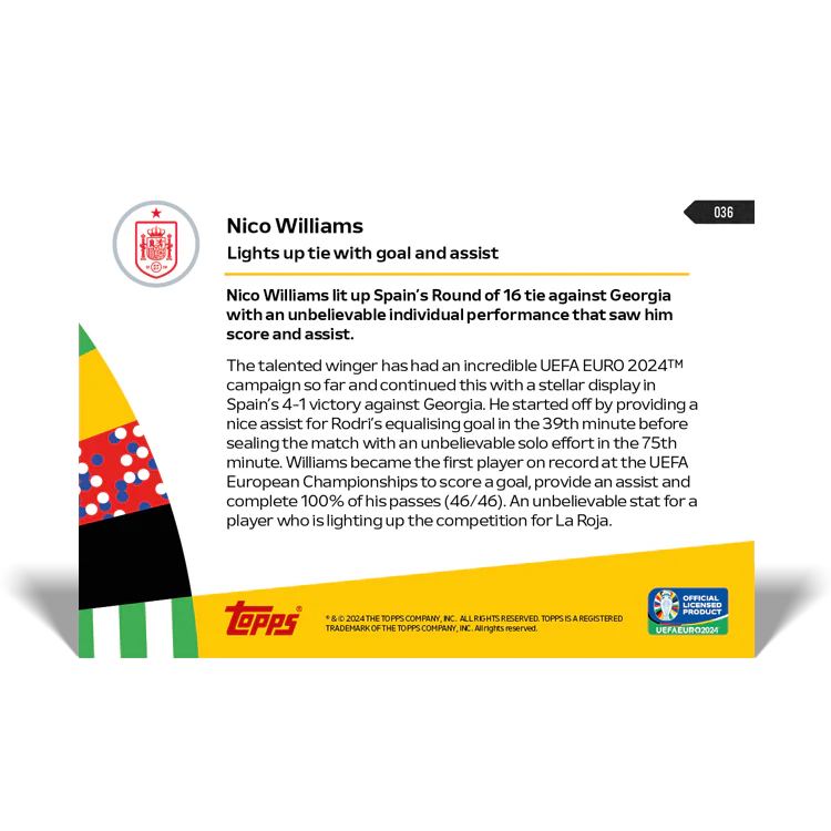 Nico Williams - Lights up tie with goal and assist - EURO 2024 TOPPS NOW® Card 37