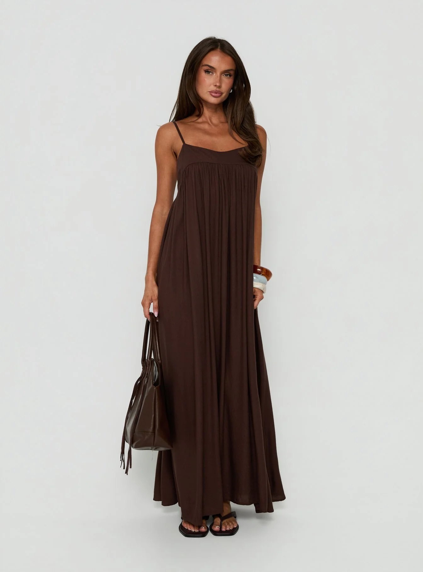 Wildah Linen Smock Maxi Dress Brown