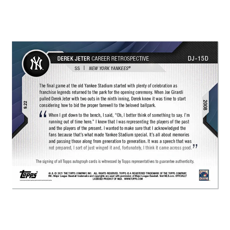 On-Card Chrome Auto # to 10 - Derek Jeter Career Retrospective Topps NOW® Chrome Card 15D