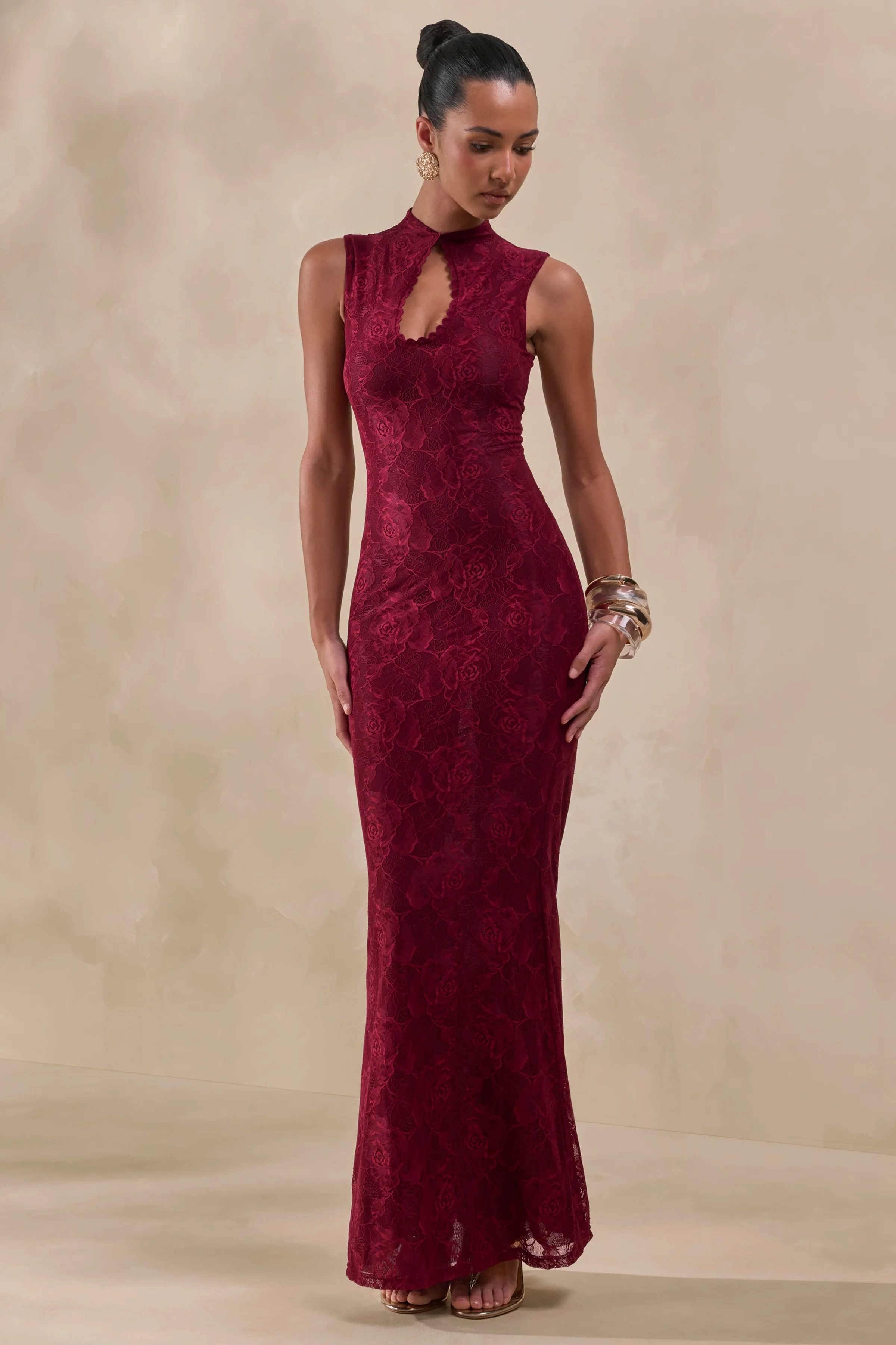 Ravissa | Burgundy Sheer Lace High-Neck Maxi Dress