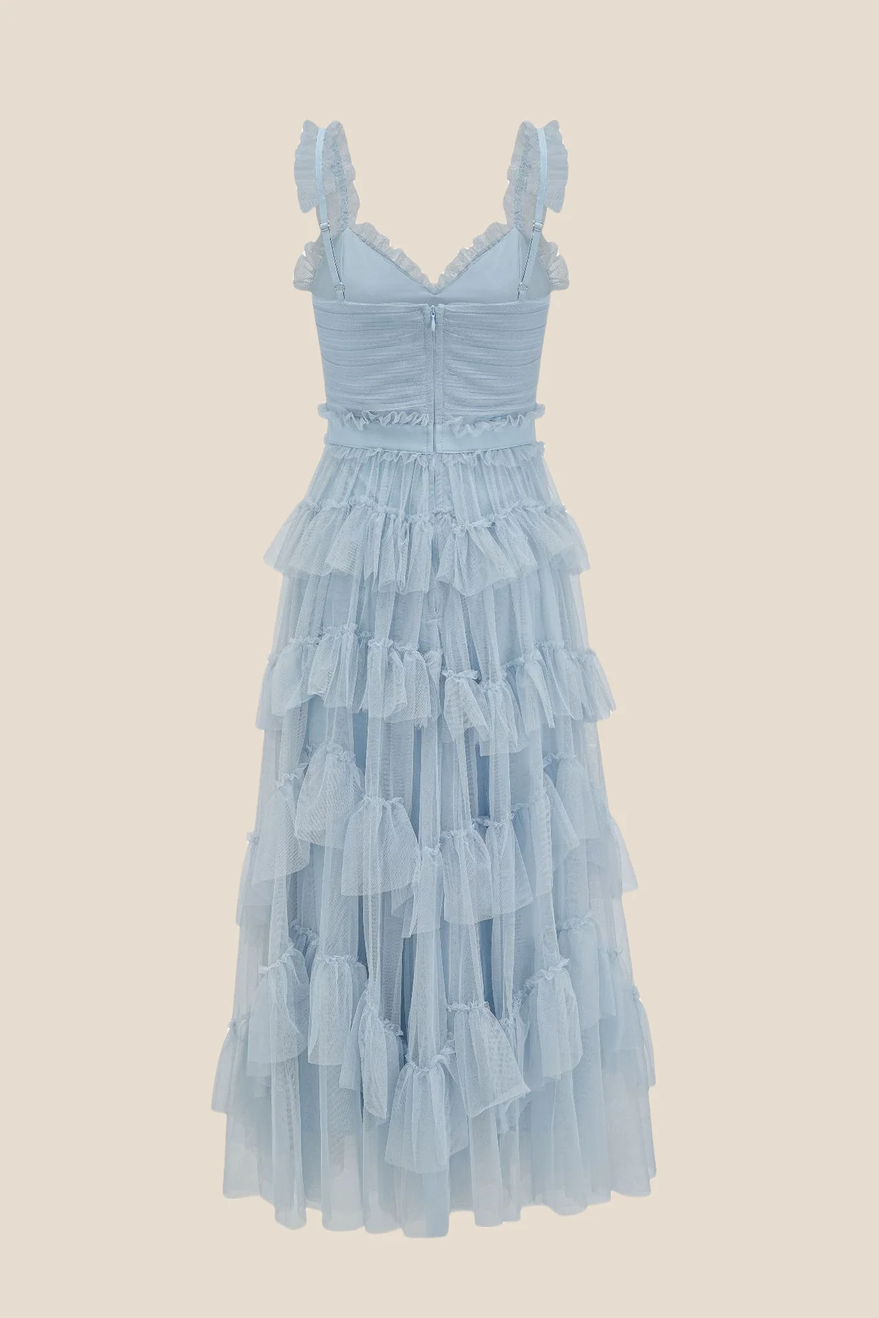 V-neck Blue Ruffle Tiered A-line Long Dress