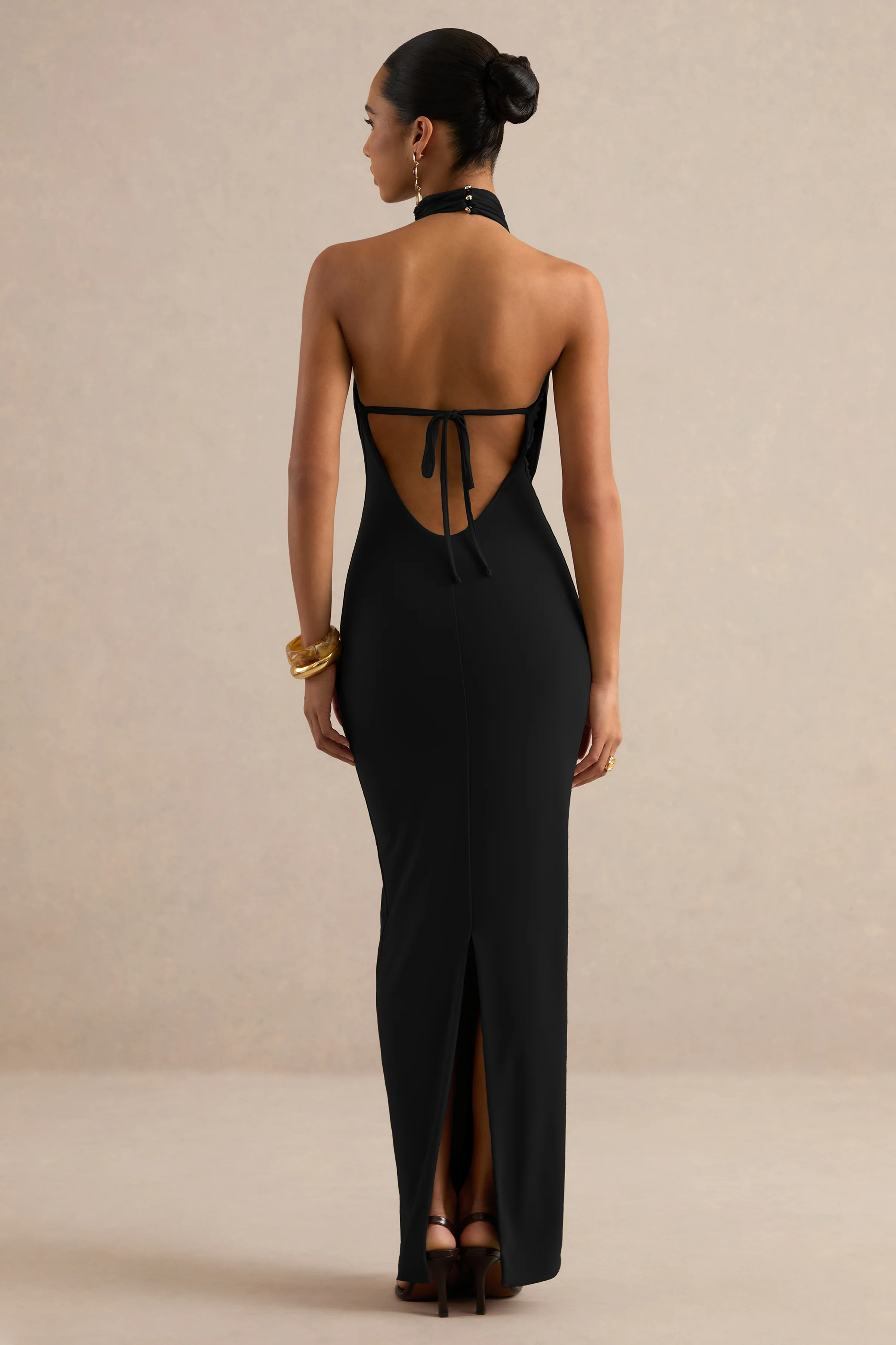 Lucianae | Black Jersey Cowl Maxi Dress With Open Back And Back Split