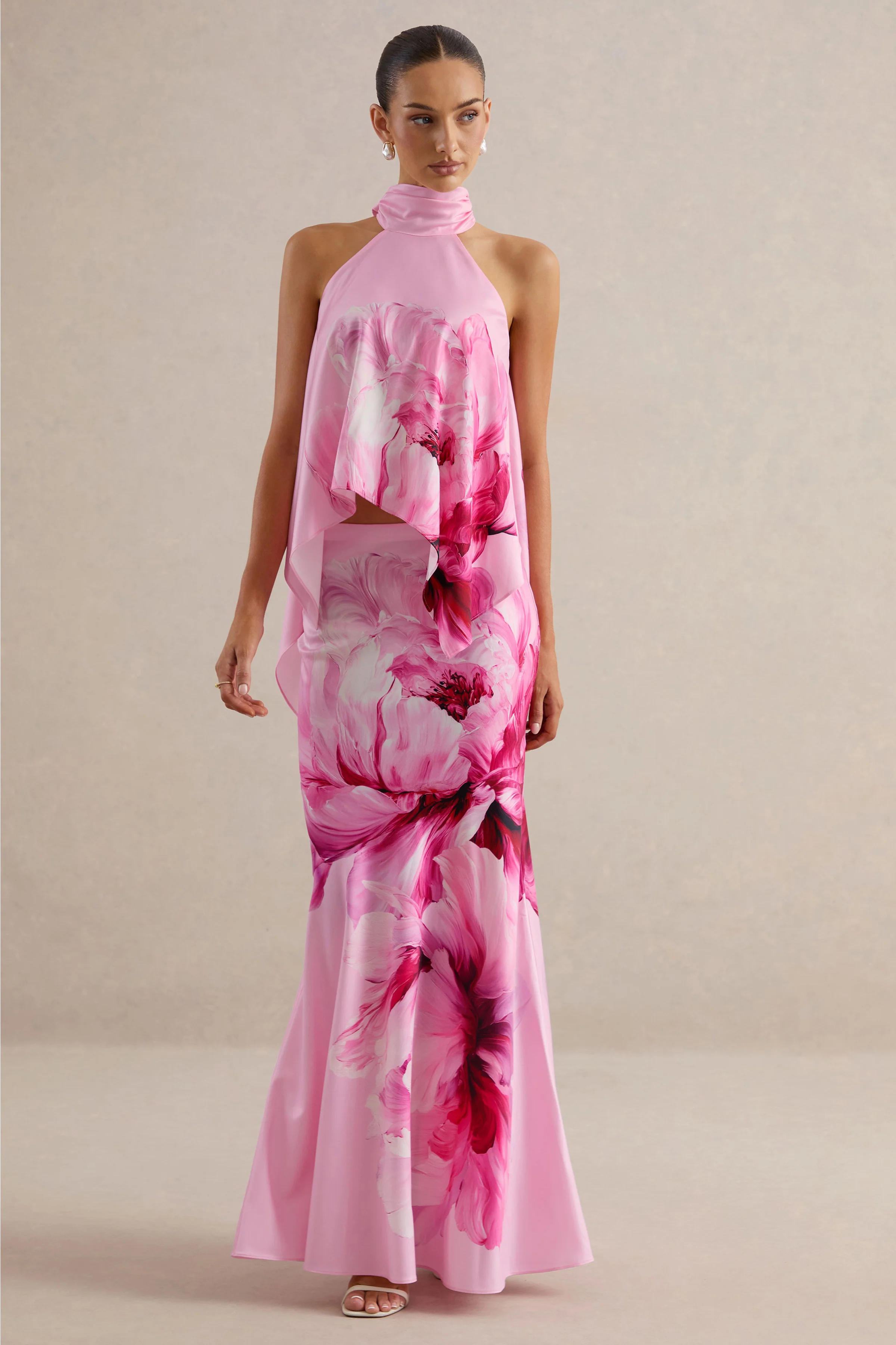 Vayla | Pink Floral Print Satin High Rise Maxi Skirt