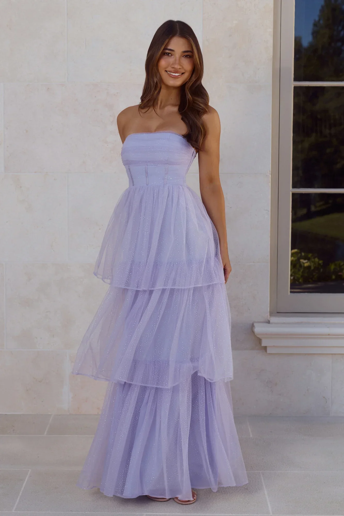 Premiere Glam Strapless Tulle Maxi Dress Lilac