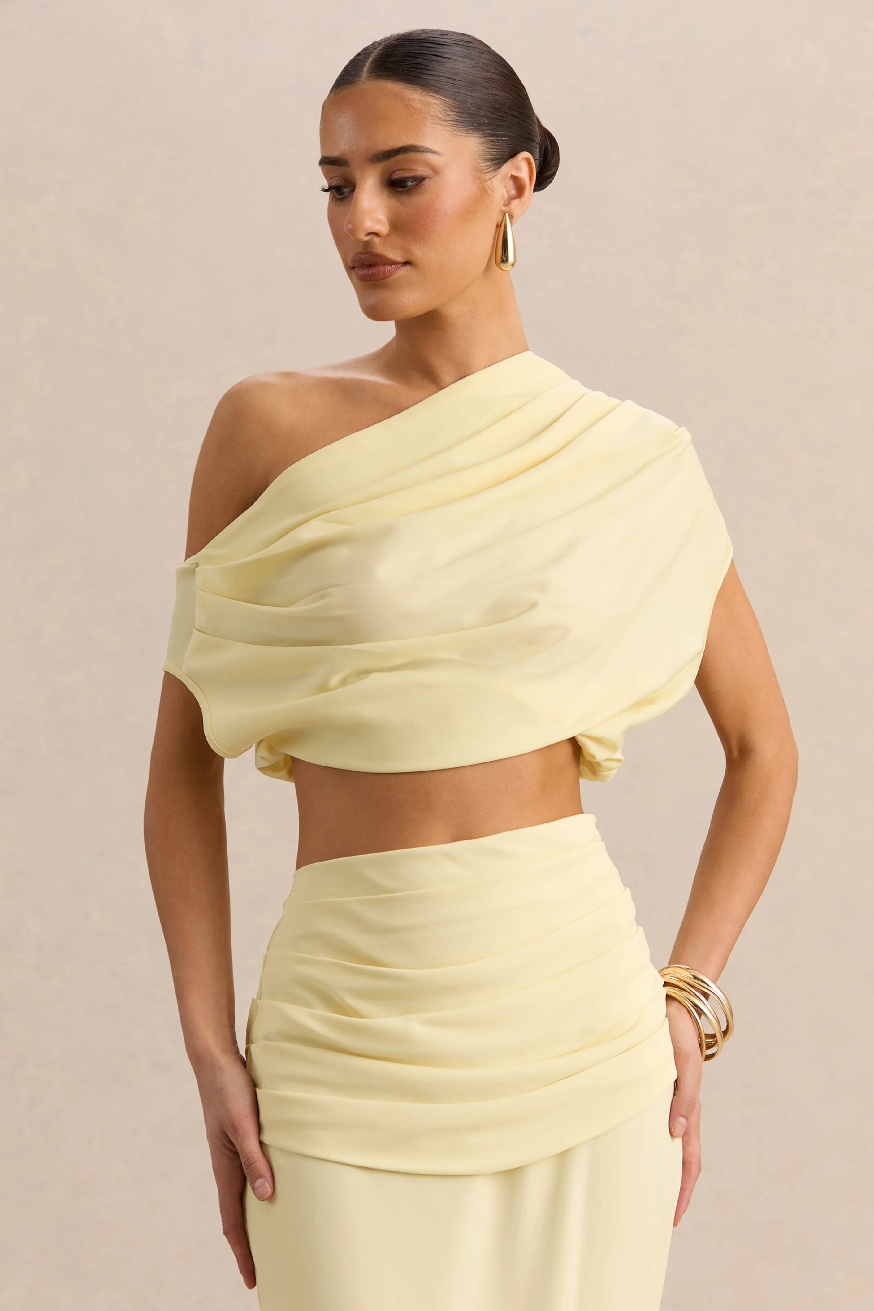 Yaselle | Lemon Satin One Shoulder Short Sleeve Top With Draped Detailing And Tie Back