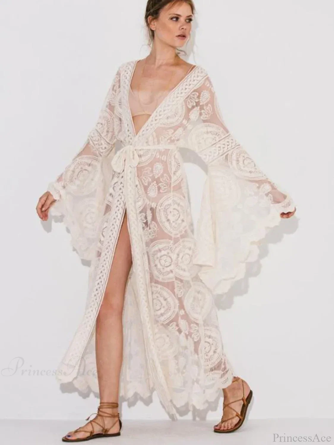 Lace V-Neck Flare Sleeve Beach Cover Up