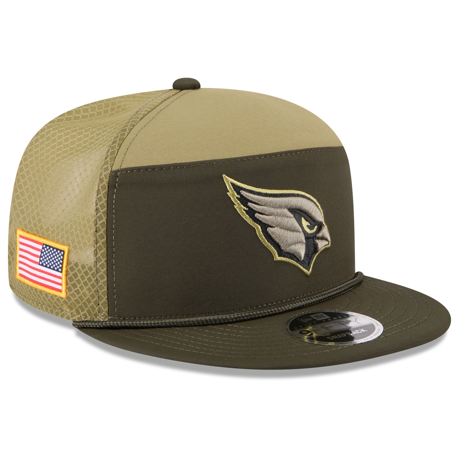 Arizona Cardinals 2025 NFL Salute to Service 9FIFTY Split Panel Trucker Snapback Cap Olive