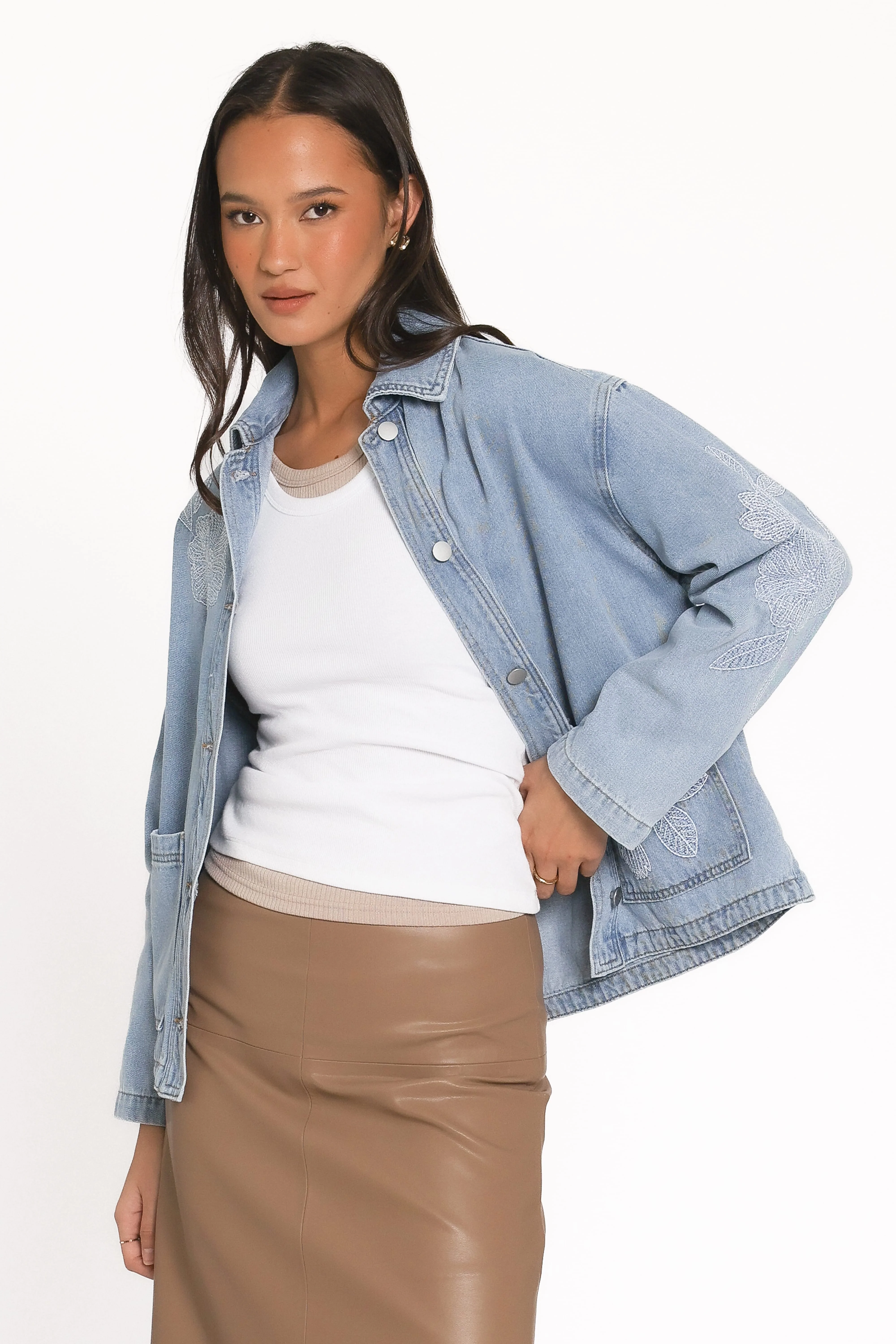 Mora Embroidered Denim Shacket - Light Wash