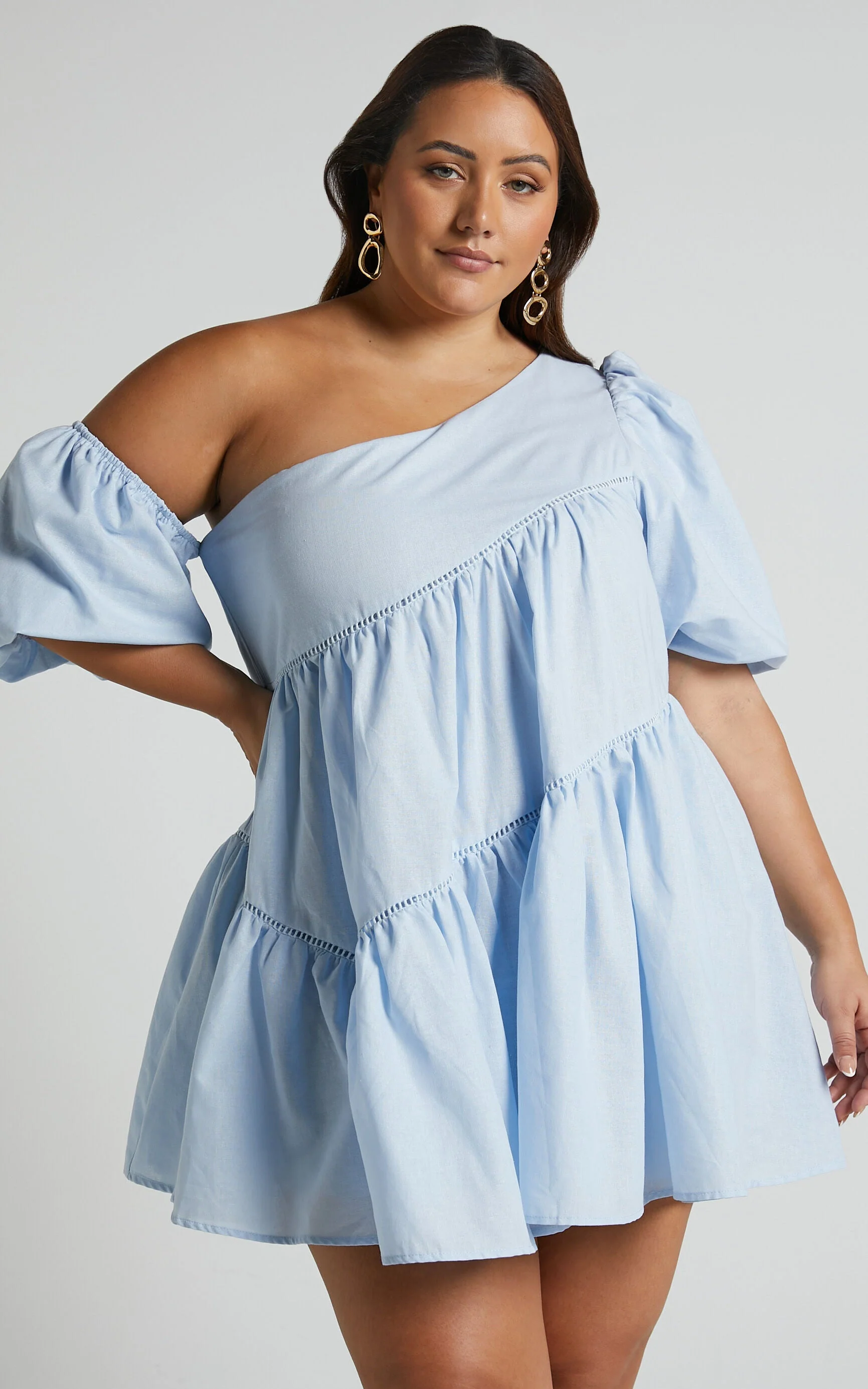 Harleen Mini Dress - Linen Asymmetrical Trim Puff Sleeve Dress in Light Blue