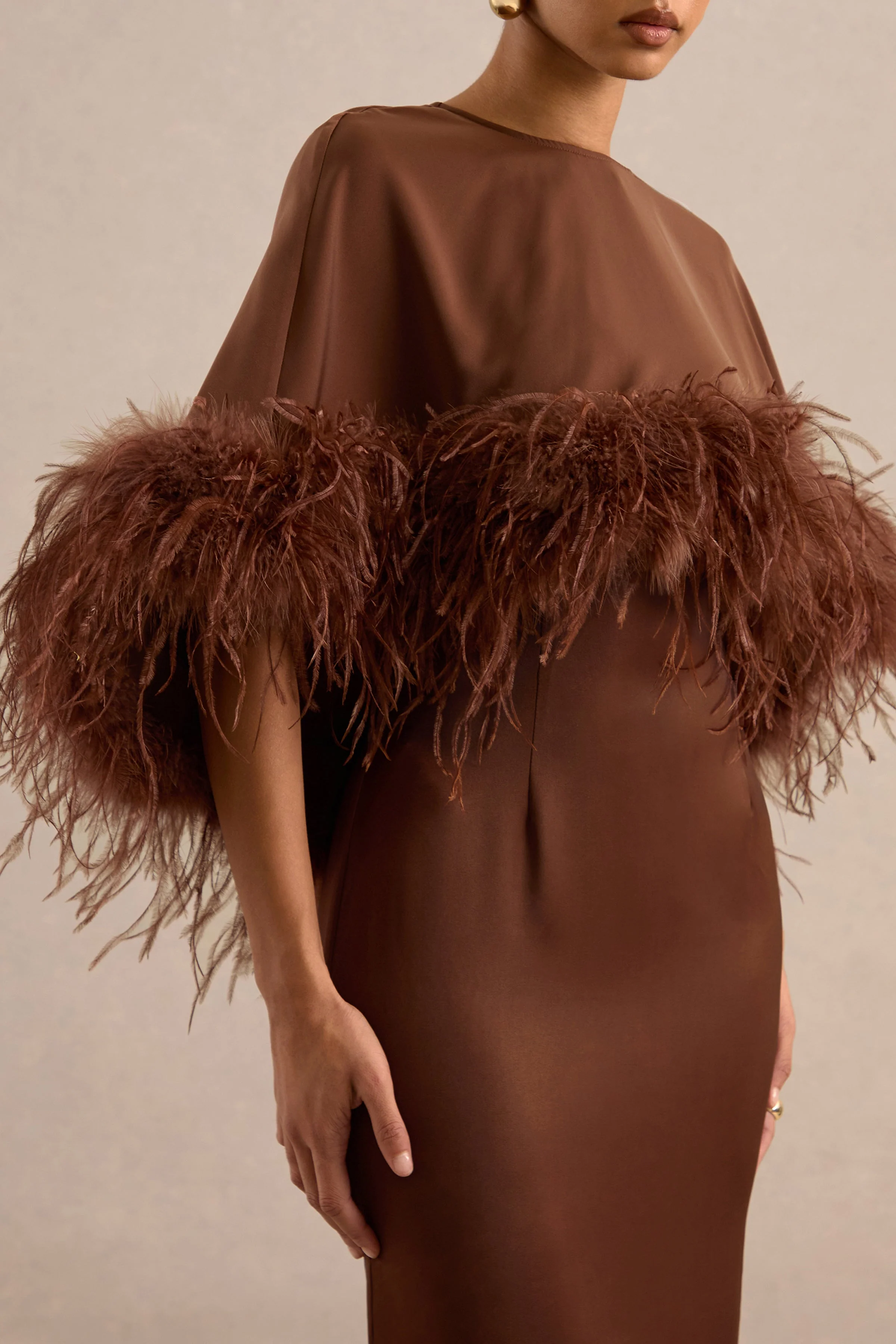 Tervessa | Brown Satin Round Neck Long Sleeve Cape With Feather Detailing