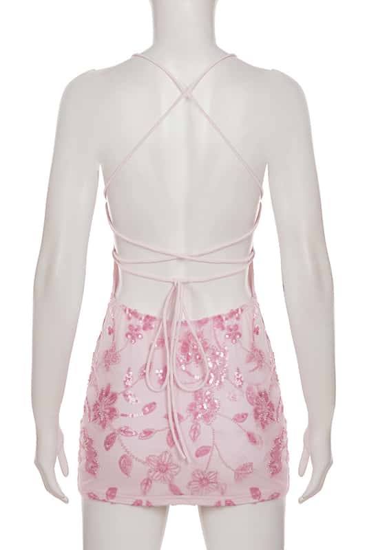 Pink V-Neck Sequin Embroidery Mini Dress