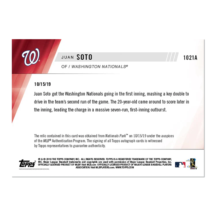 On-Card Auto Relic # to 49 - Juan Soto - MLB TOPPS NOW® Card 1021A
