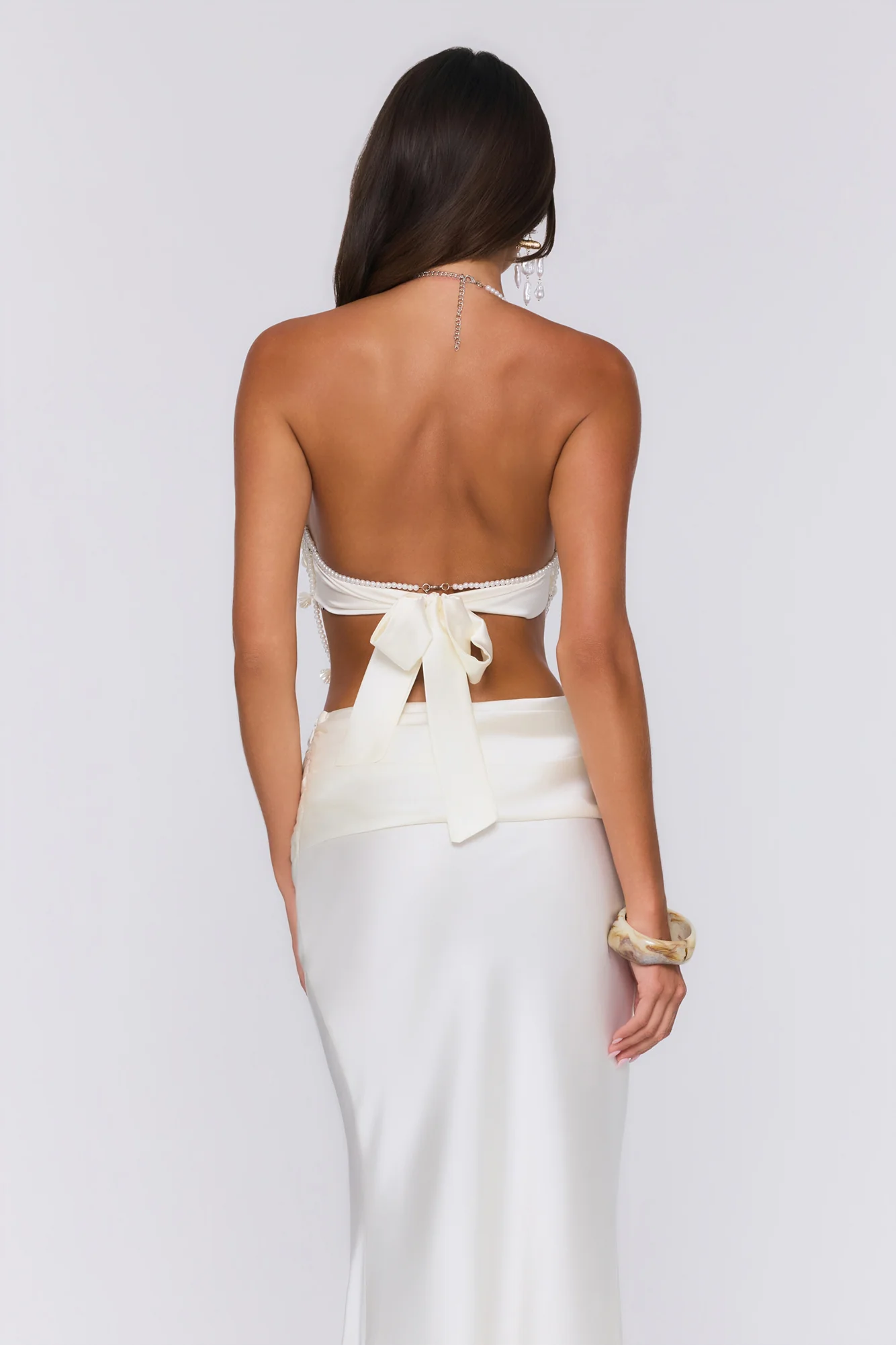 Sea Silky Pearl Beaded Halter Top Ecru White