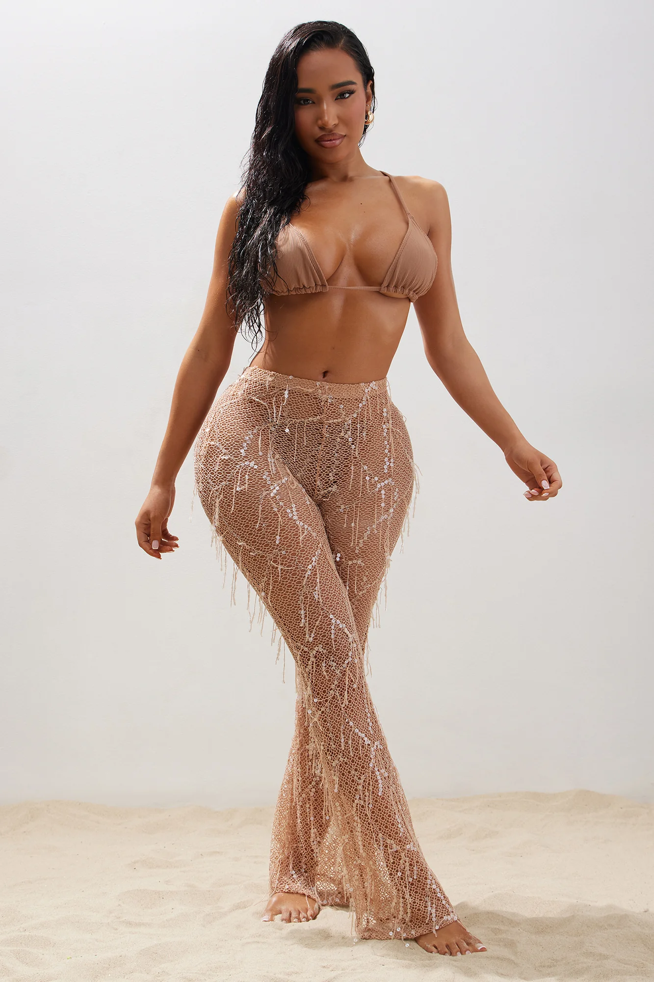 Drinks On Me Sequin Cover Up Pants - Mocha